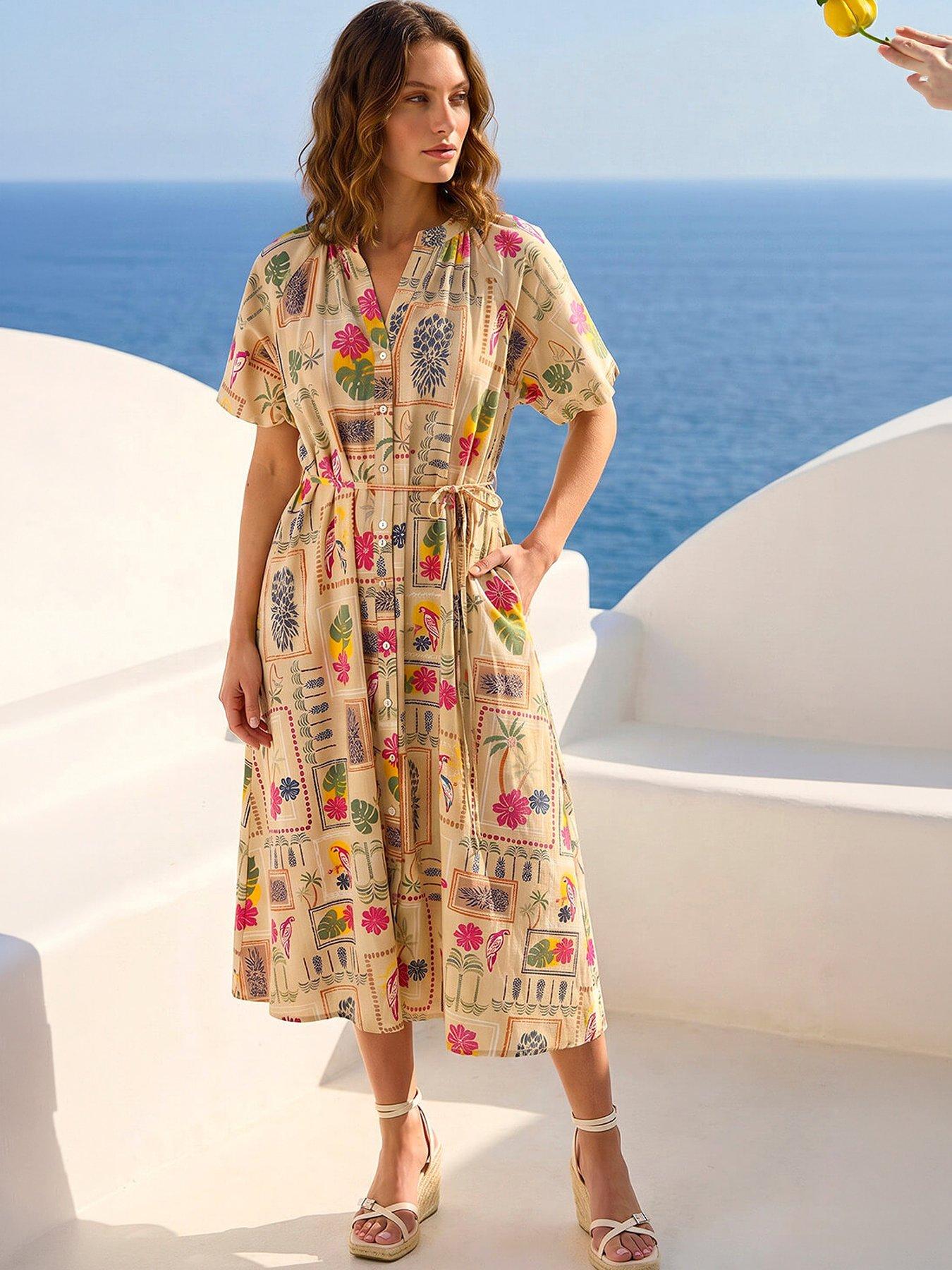 Roman Petite Postcard Tie Waist Midi Dress