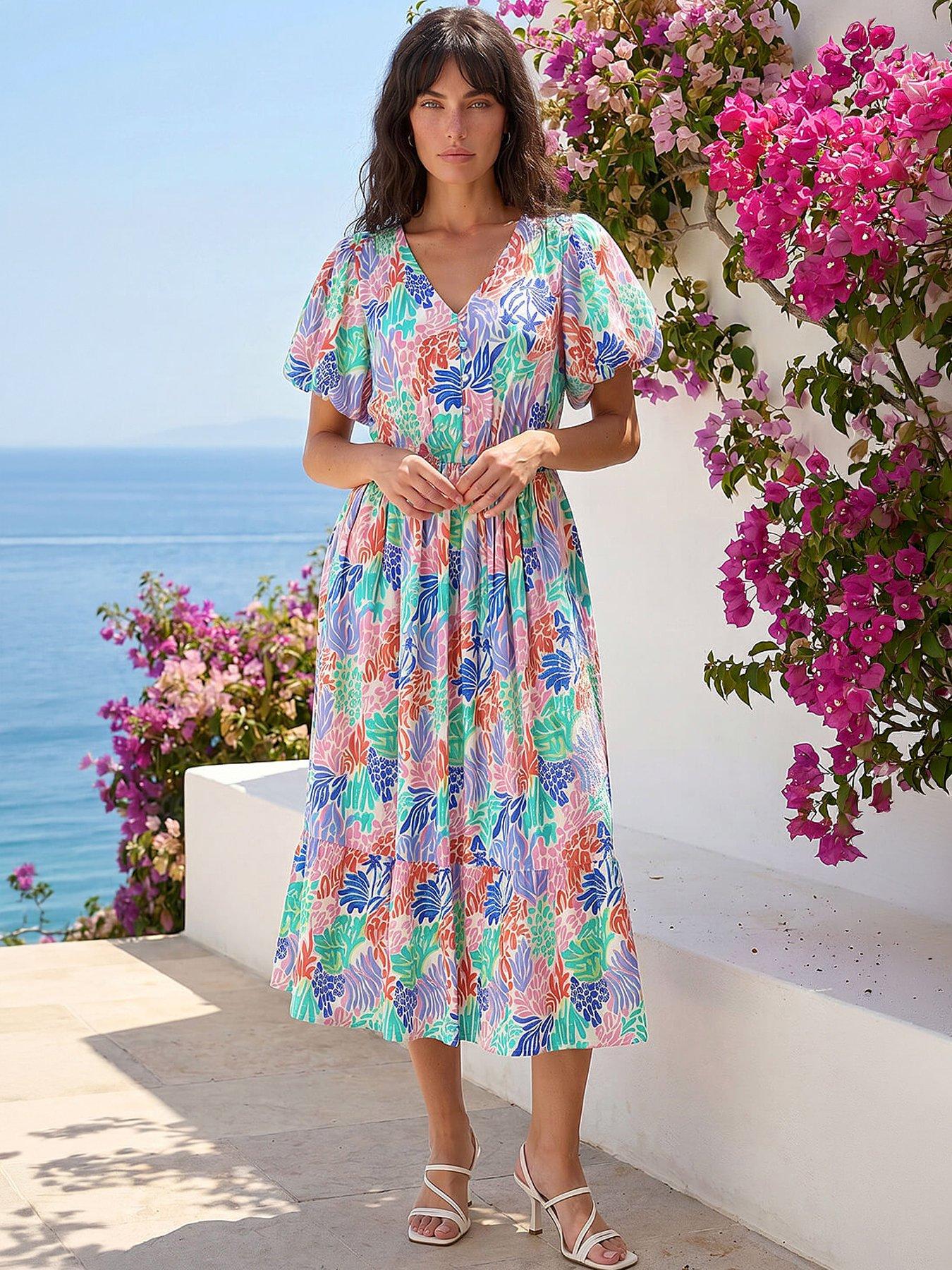 Roman Abstract Print Button Midi Dress