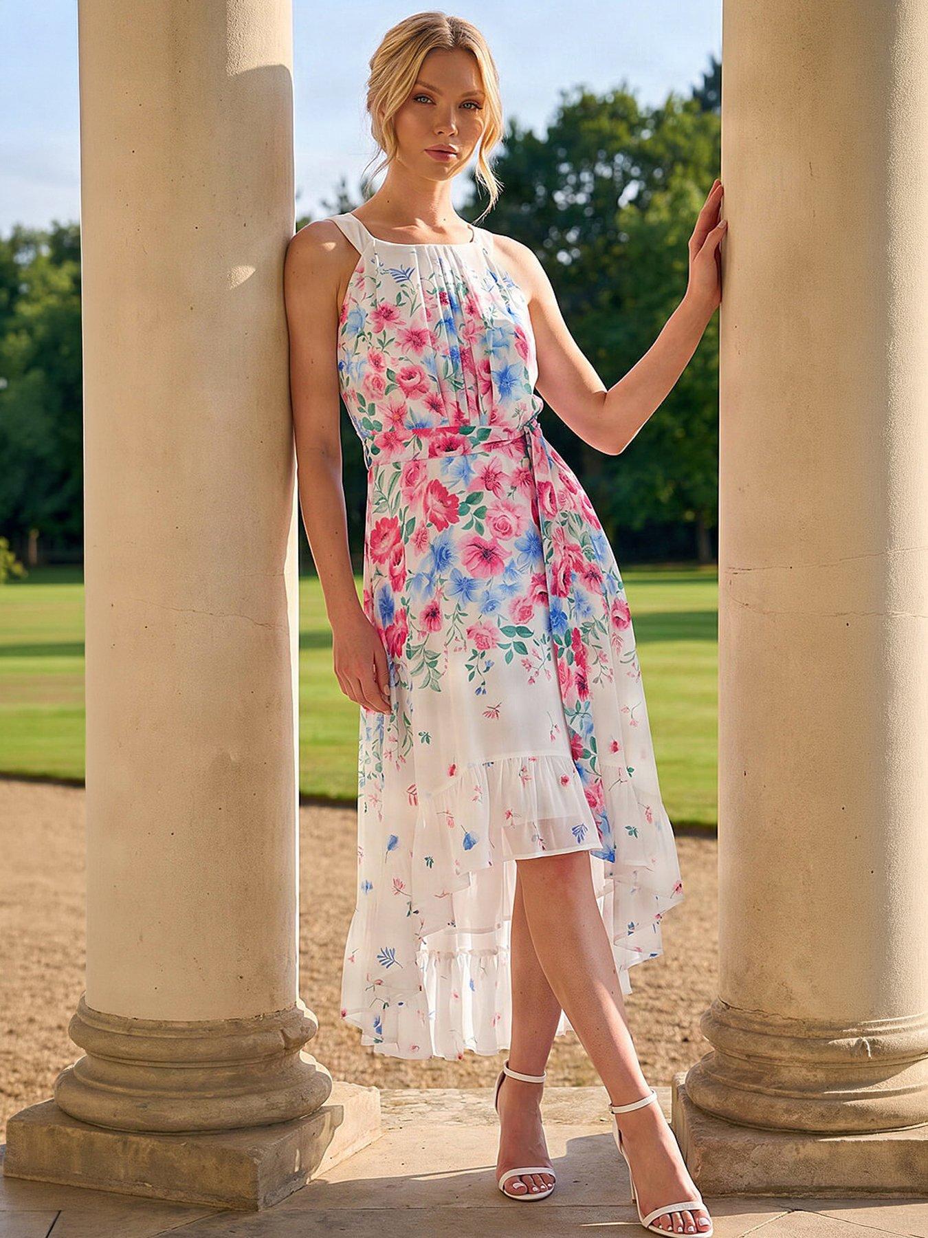 Roman Floral Print High Low Midi Dress