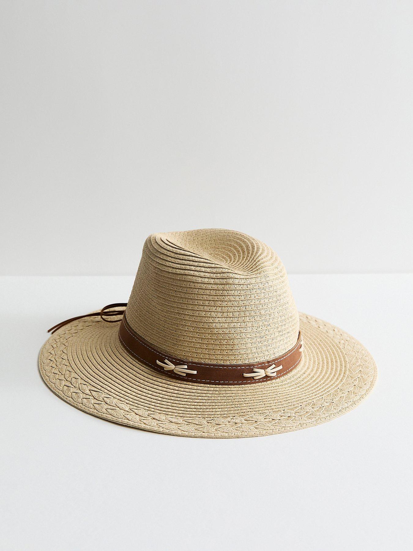 New Look Stone Suede Trim Straw Fedora Hat - Beige