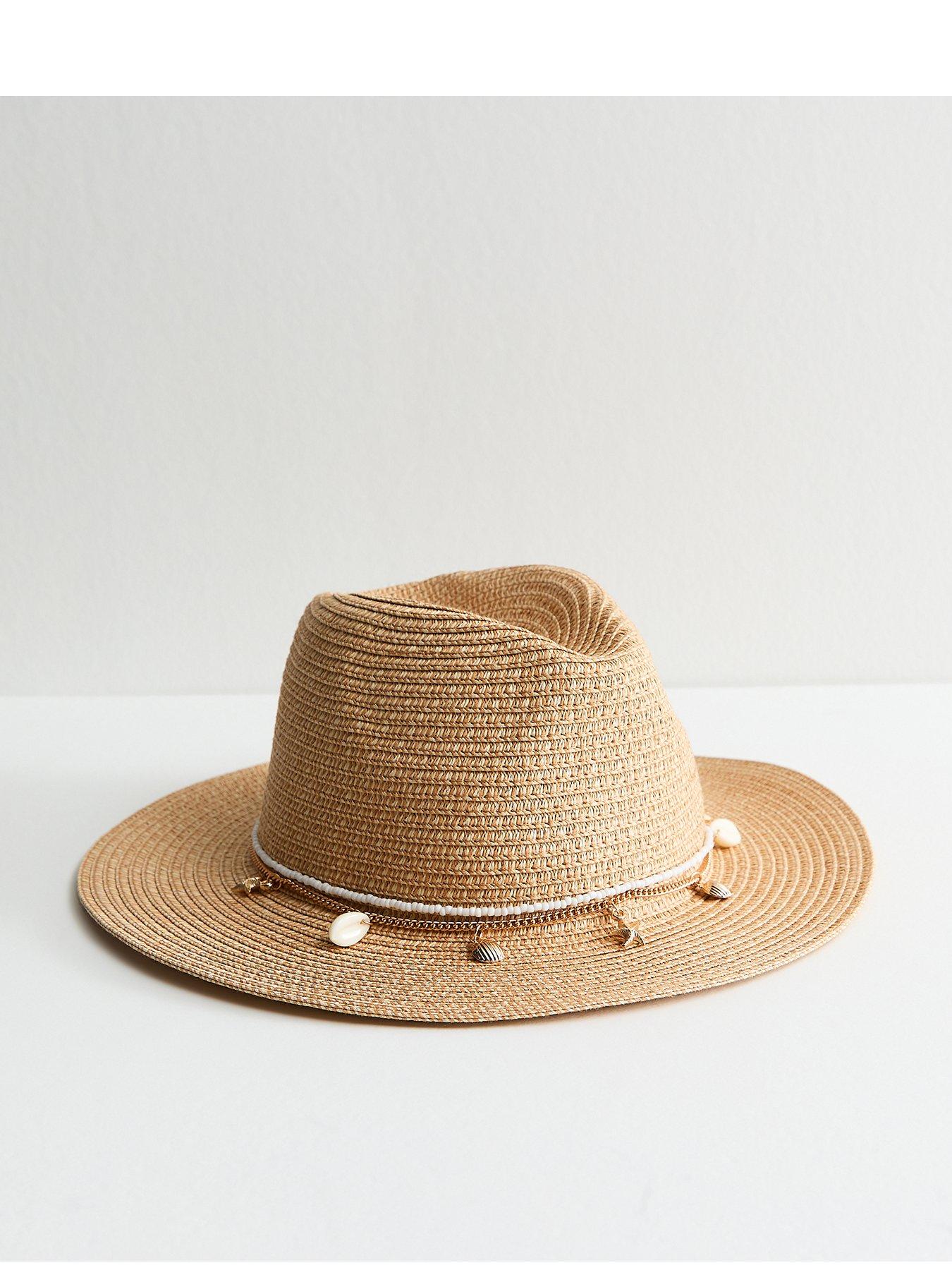 New Look Stone Beaded Shell Trim Straw Fedora Hat - Beige