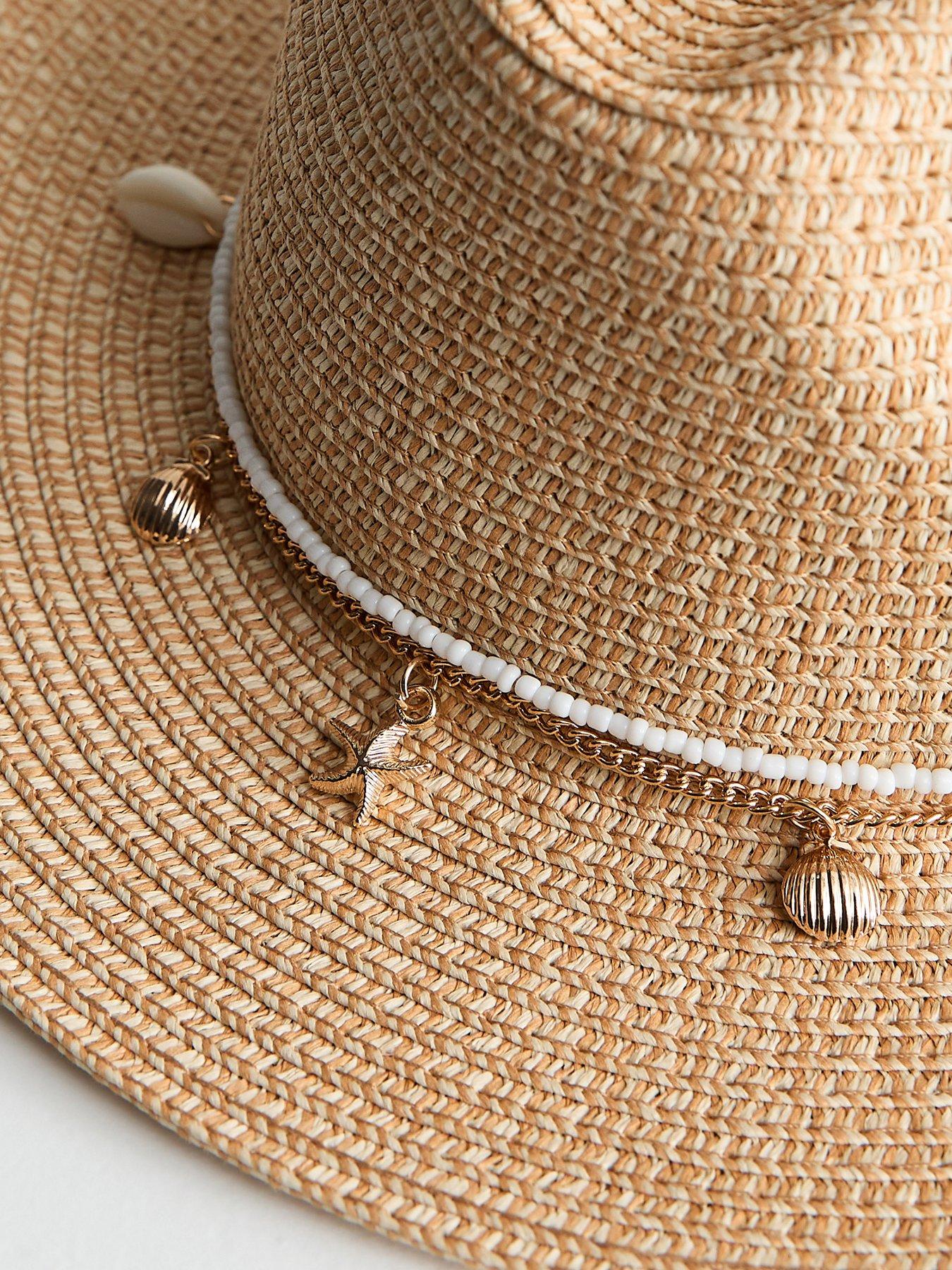 Image 3 of 3 of New Look Stone Beaded Shell Trim Straw Fedora Hat
