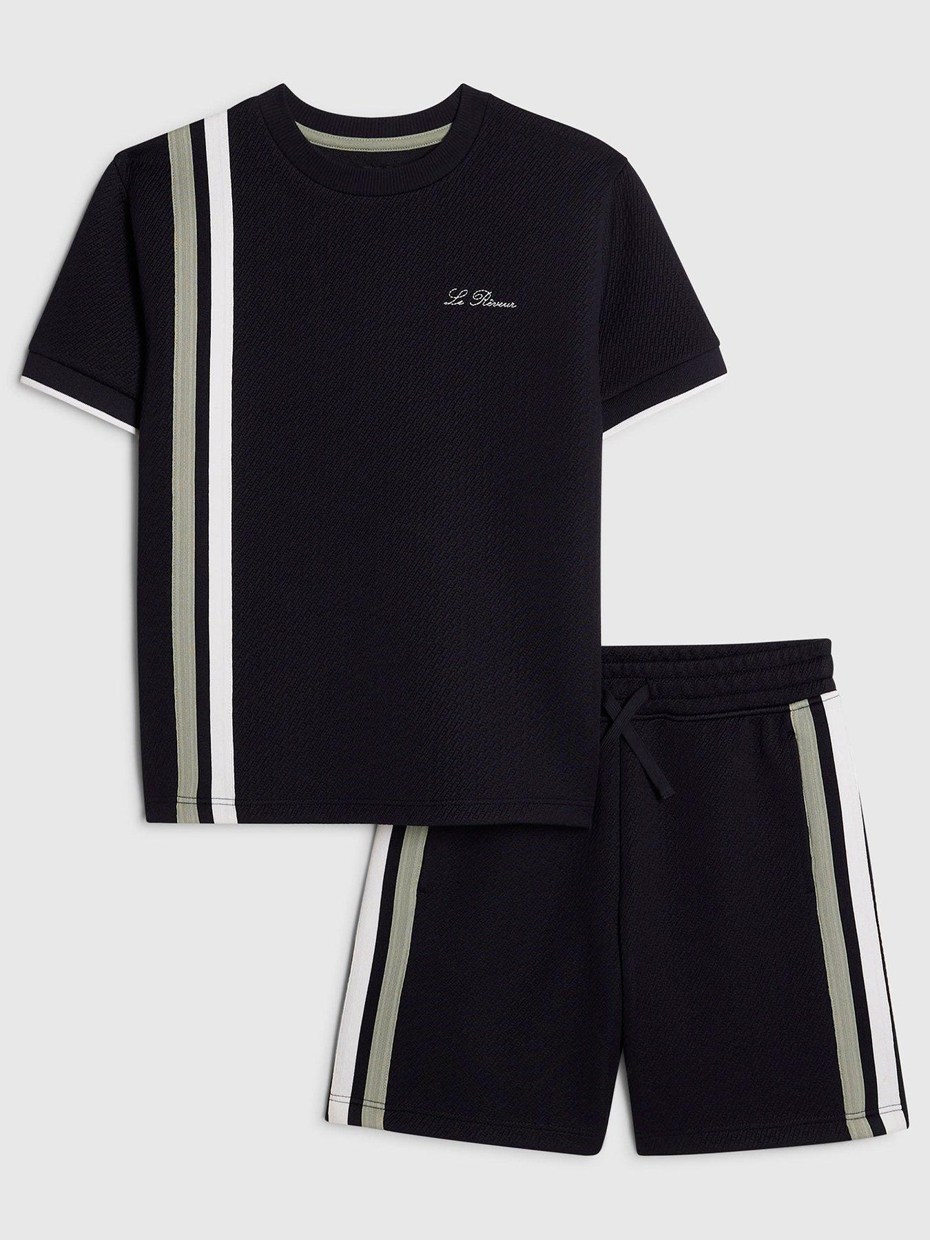 Image 1 of 5 of River Island Older Boys Oversized Stripe T-Shirt &amp; Shorts Set - Navy