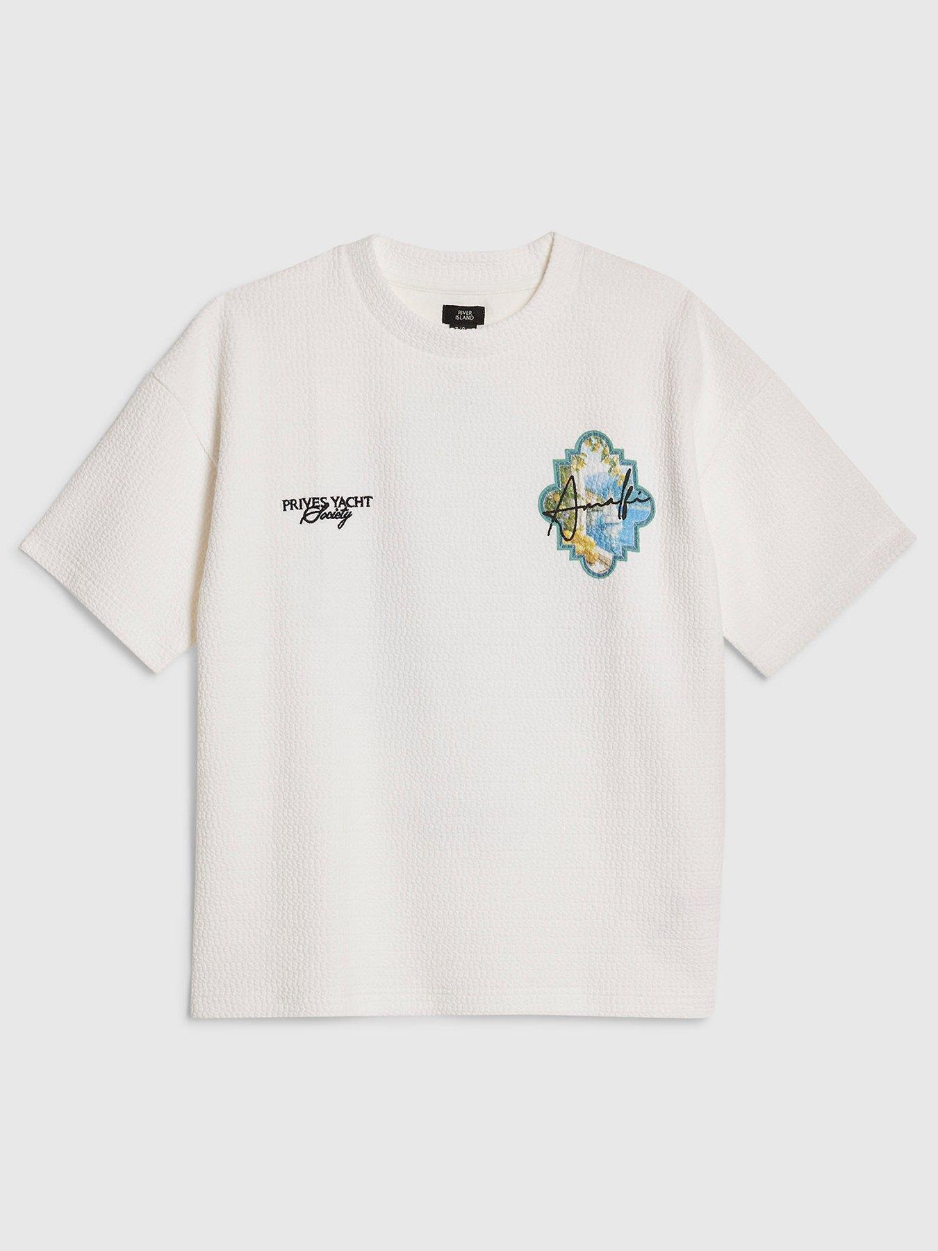 River Island Older Boys Oversized Textured Back Print Amalfi T-Shirt - Cream