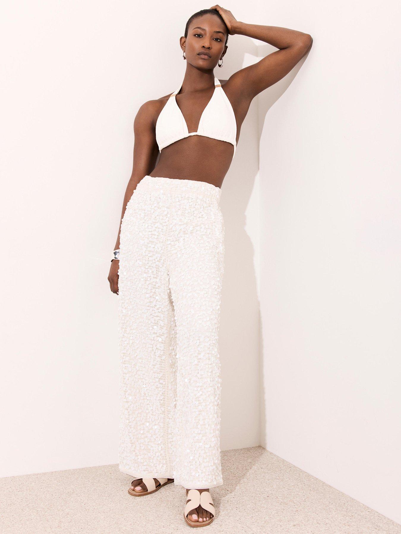 Image 3 of 6 of Mint Velvet Cream Sequin Beach Trouser - White