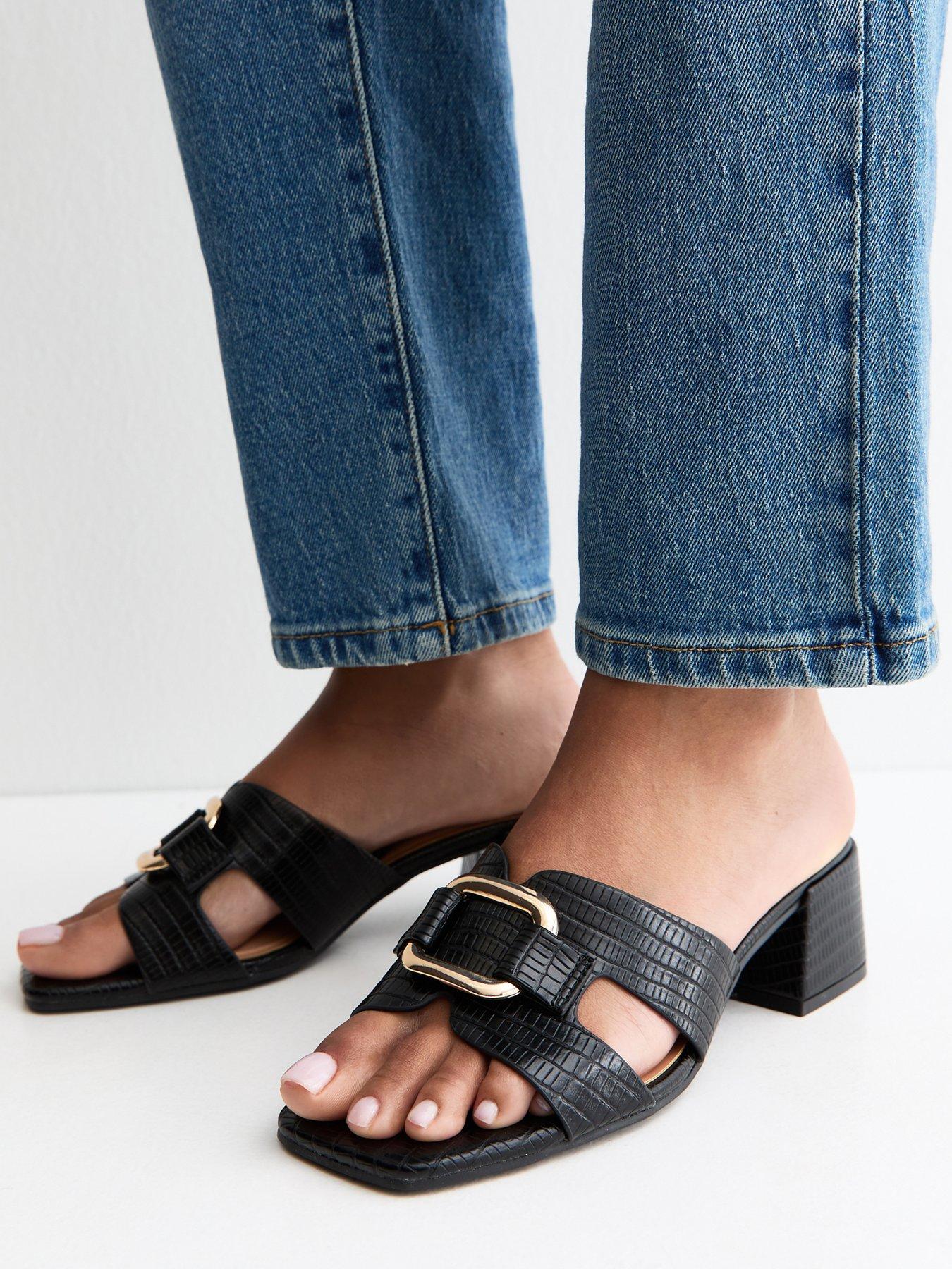 New Look Black Faux Leather Square Toe Block Heel Mule Sandals