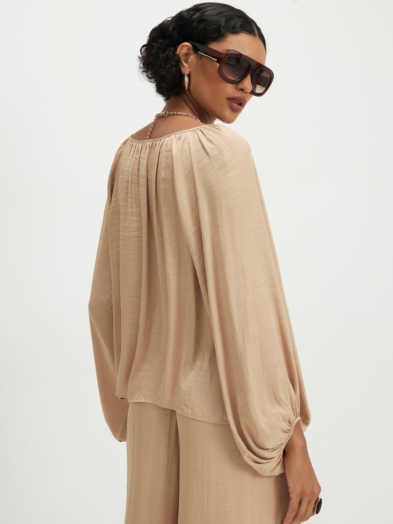 Image 2 of 4 of River Island Satin Airflow Notch Neck Top - Beige
