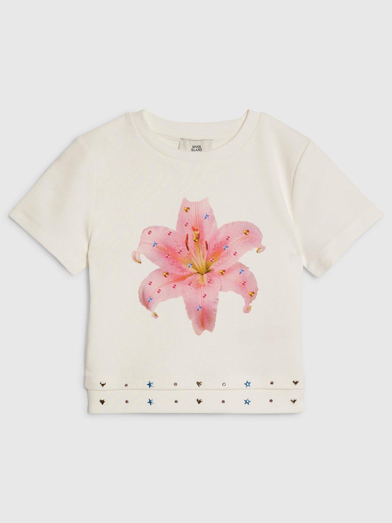 River Island Older Girls Flower Stud T-Shirt - White