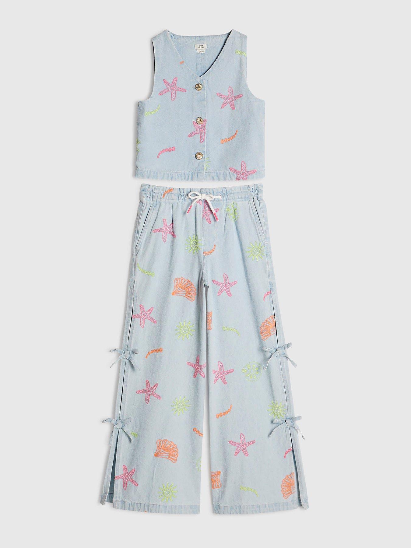 River Island Older Girls Denim Embroidered Waistcoat Set - Blue