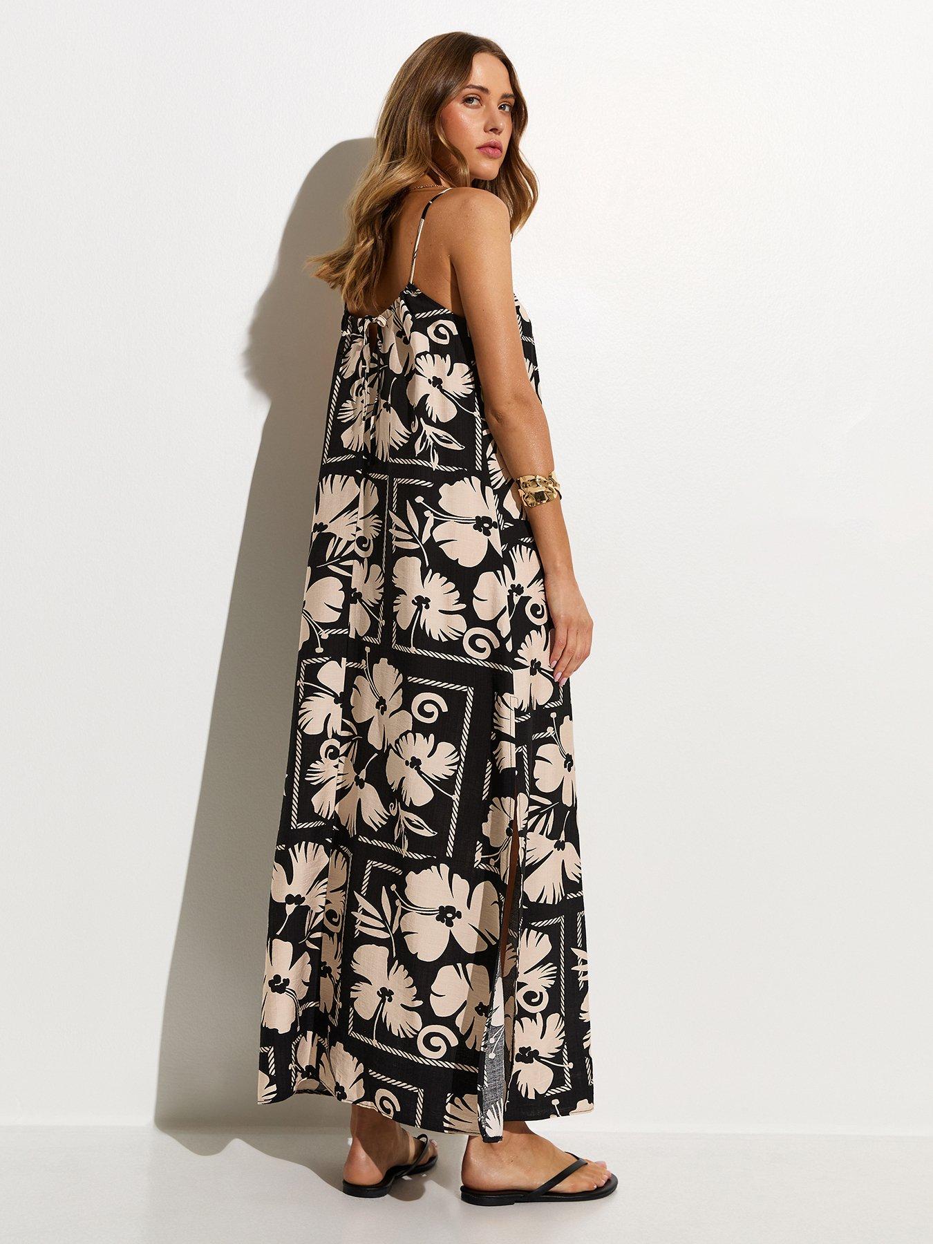 Image 2 of 6 of New Look Floral Print Beaded Maxi Beach Dress - Black