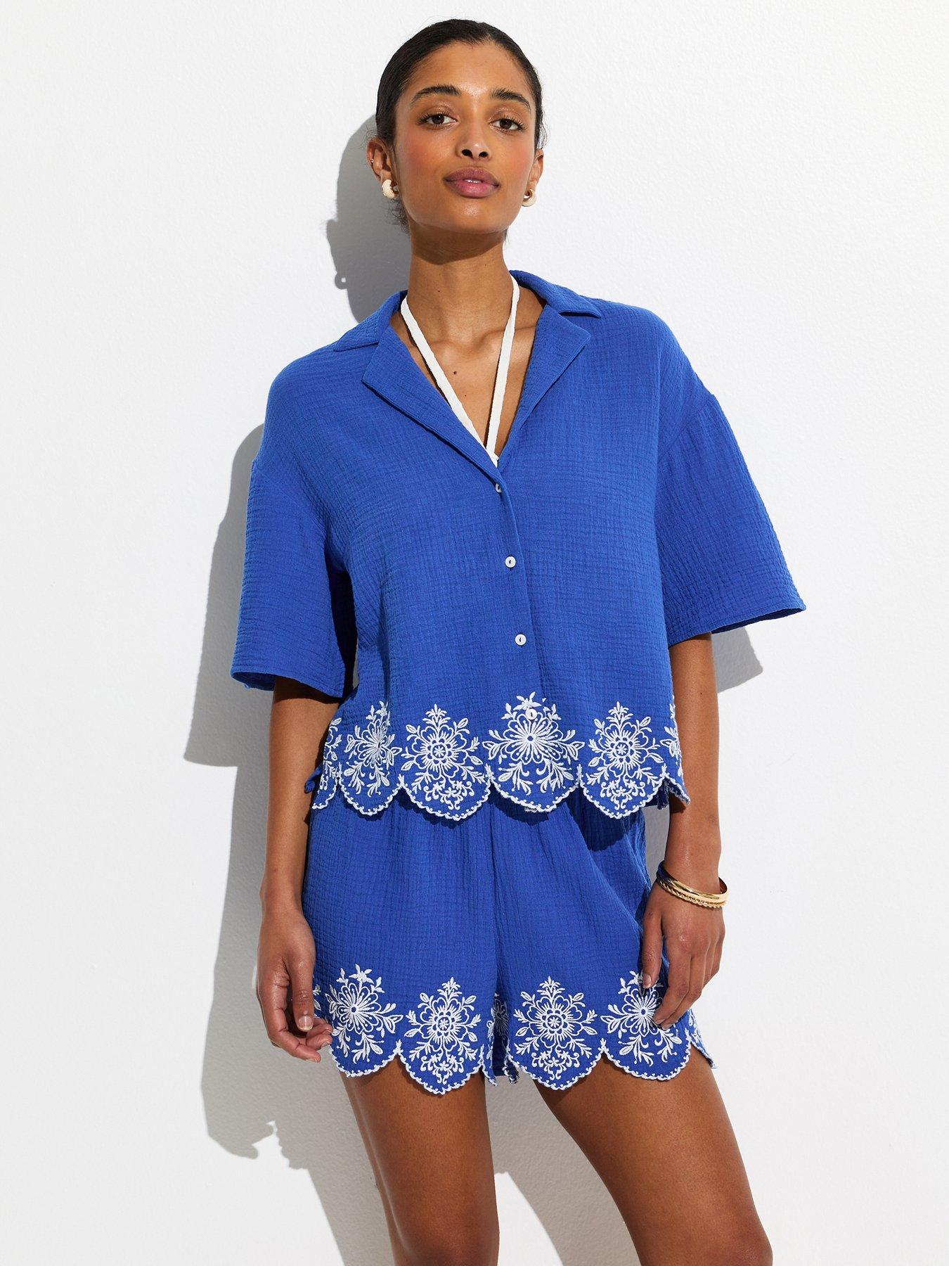 Image 1 of 6 of New Look Embroidered Beach Shirt - Blue