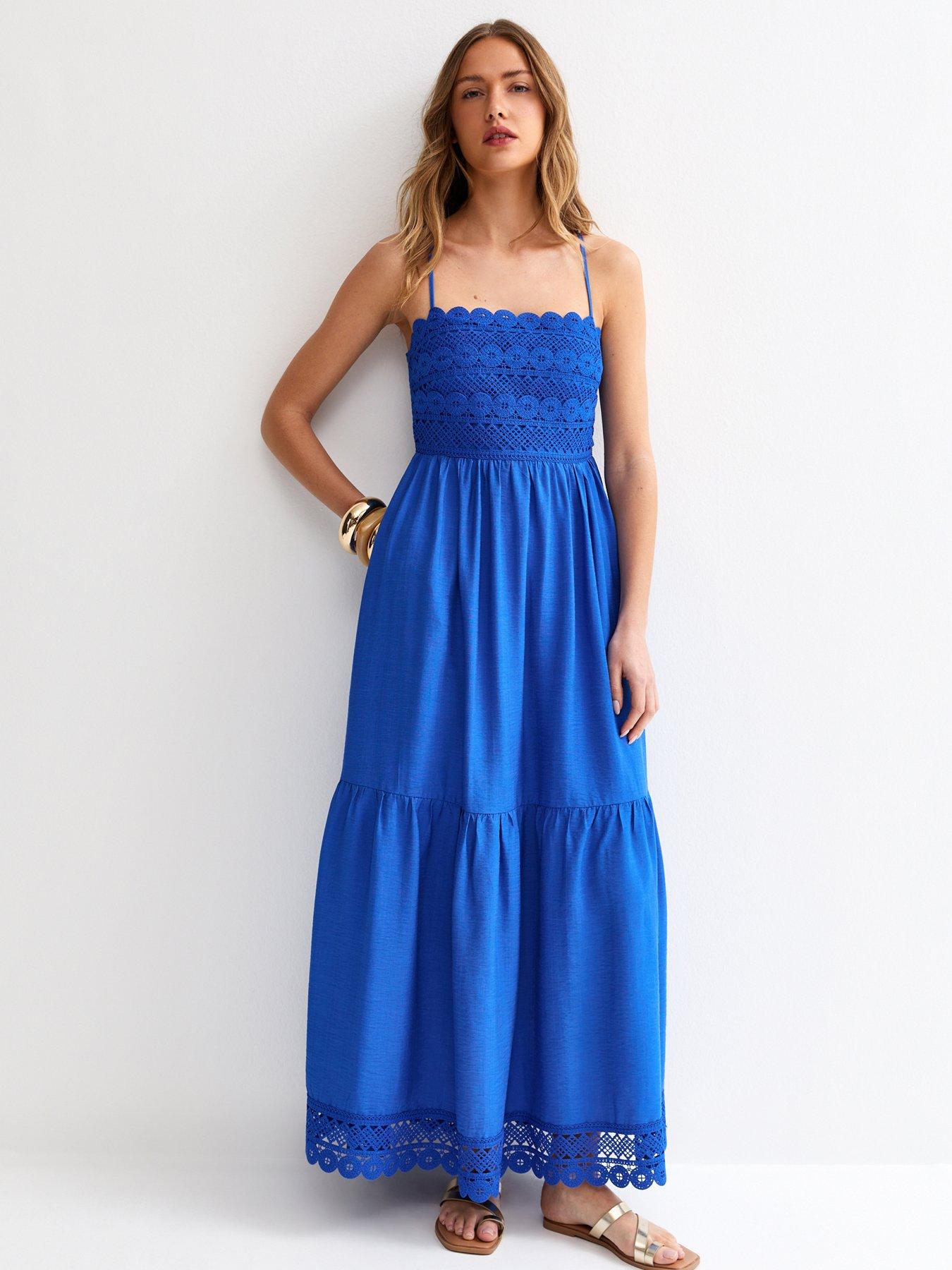 Image 1 of 5 of New Look Blue Crochet Panel Beach Maxi Dress