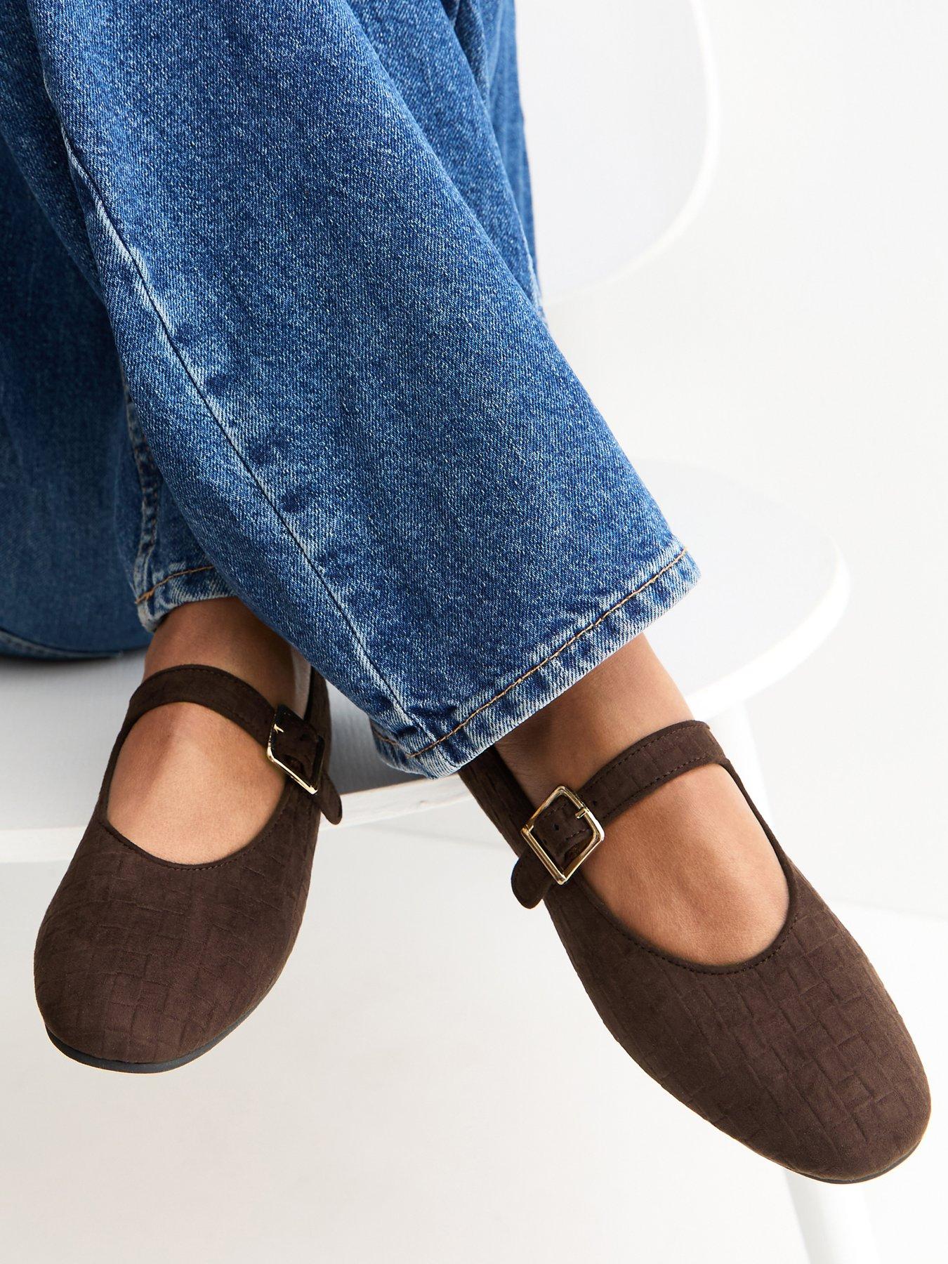 New Look Brown Textured Faux Suede Buckled Mary Jane Flats