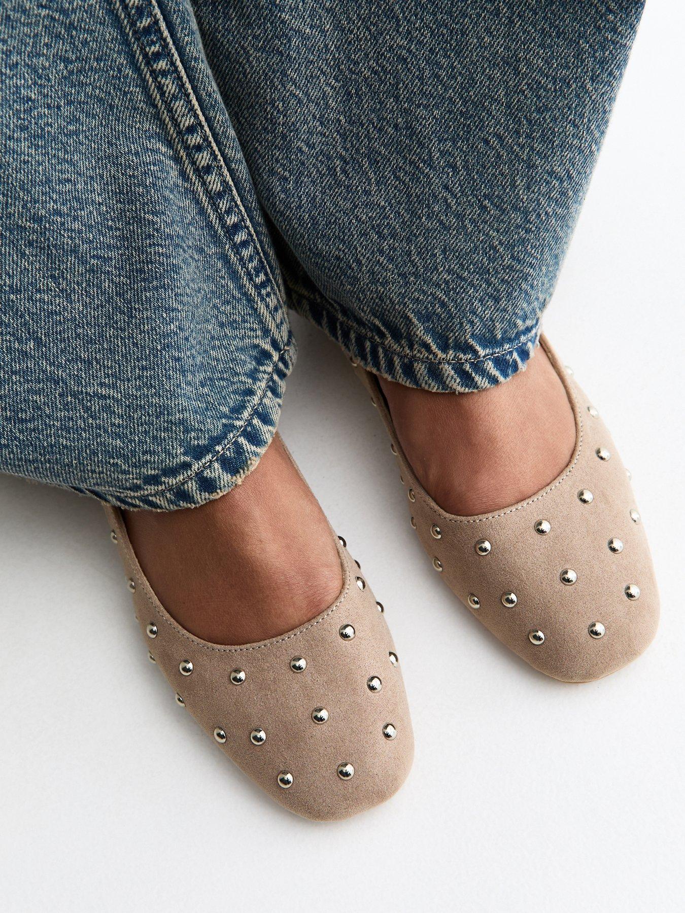 New Look Faux Suede Studded Ballet Pumps - Light Brown