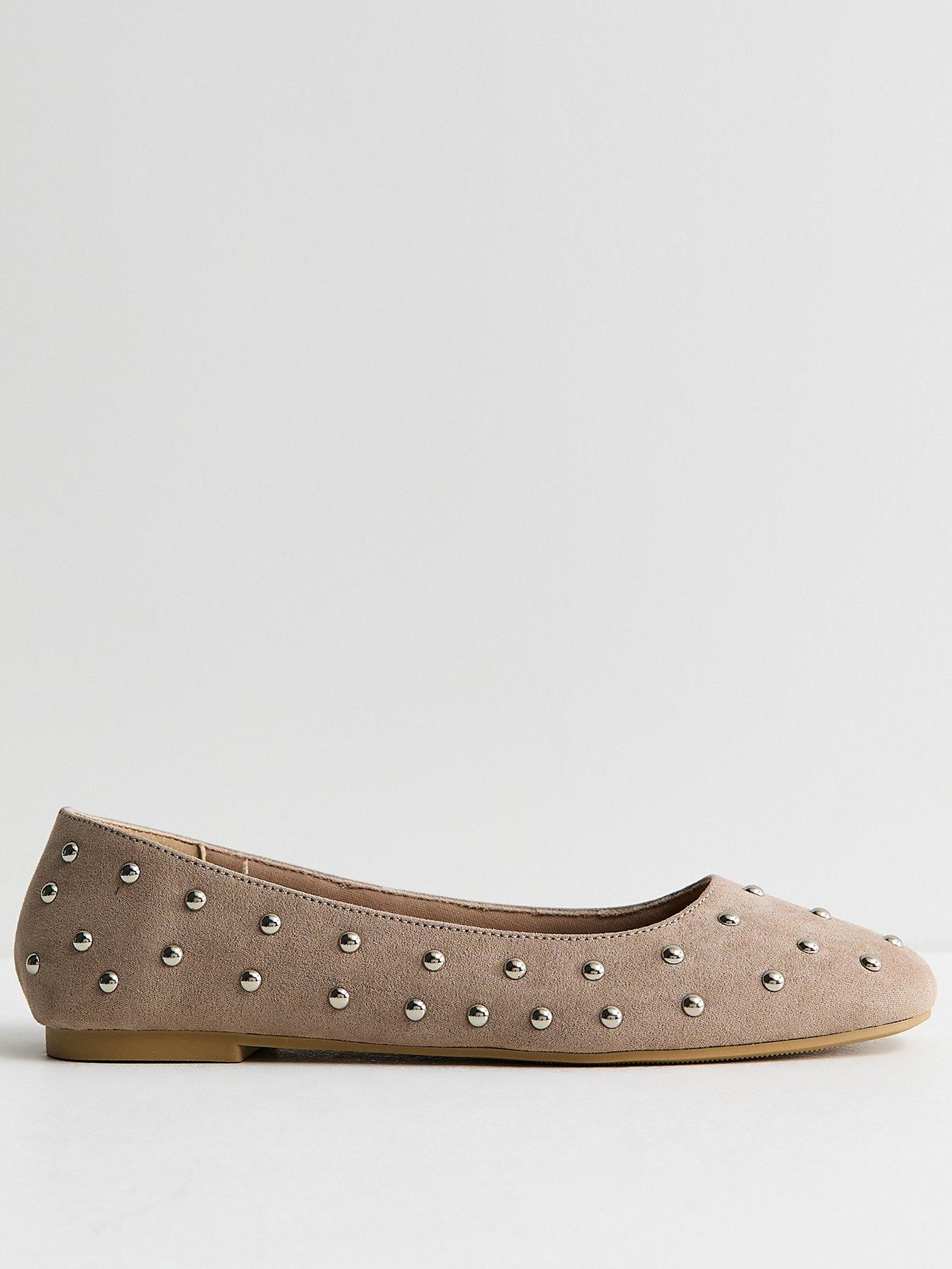Image 2 of 5 of New Look Faux Suede Studded Ballet Pumps - Light Brown