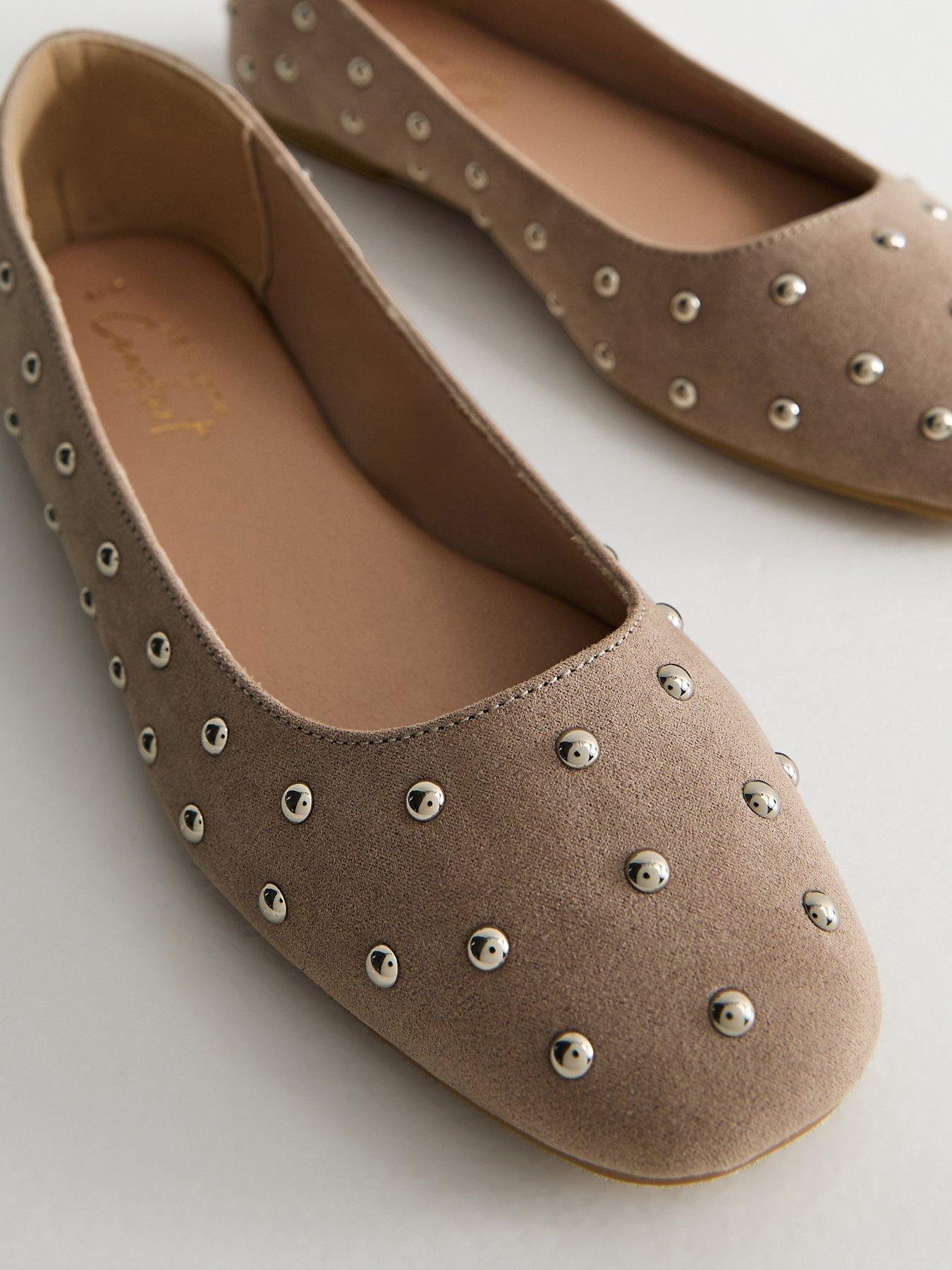 Image 5 of 5 of New Look Faux Suede Studded Ballet Pumps - Light Brown