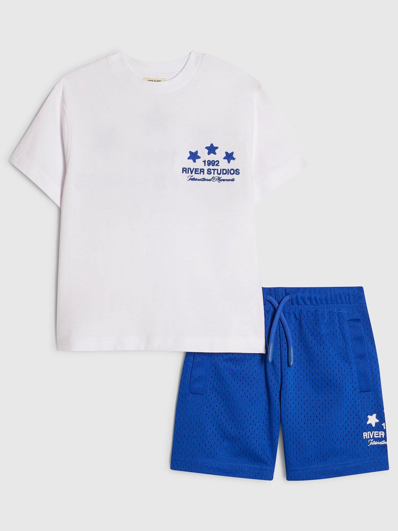 River Island Mini Boys Studios Back Print T-Shirt And Shorts Set - White / - Blue