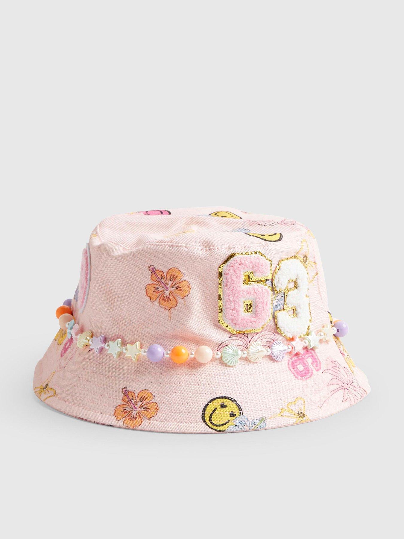 River Island Older Girls Graffiti Beaded Bucket Hat - Pink
