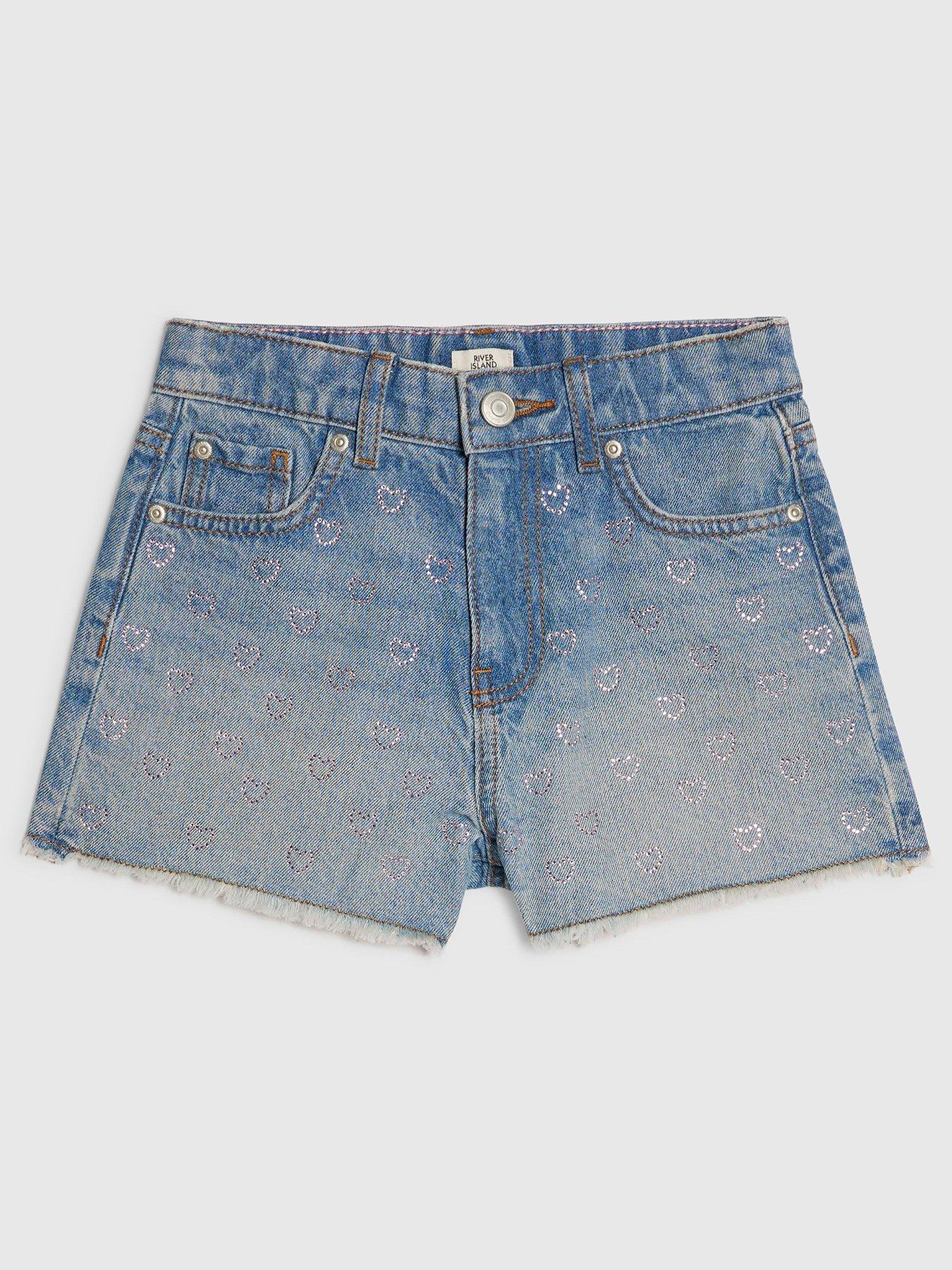 River Island Older Girls Embellished Heart Denim Shorts - Blue