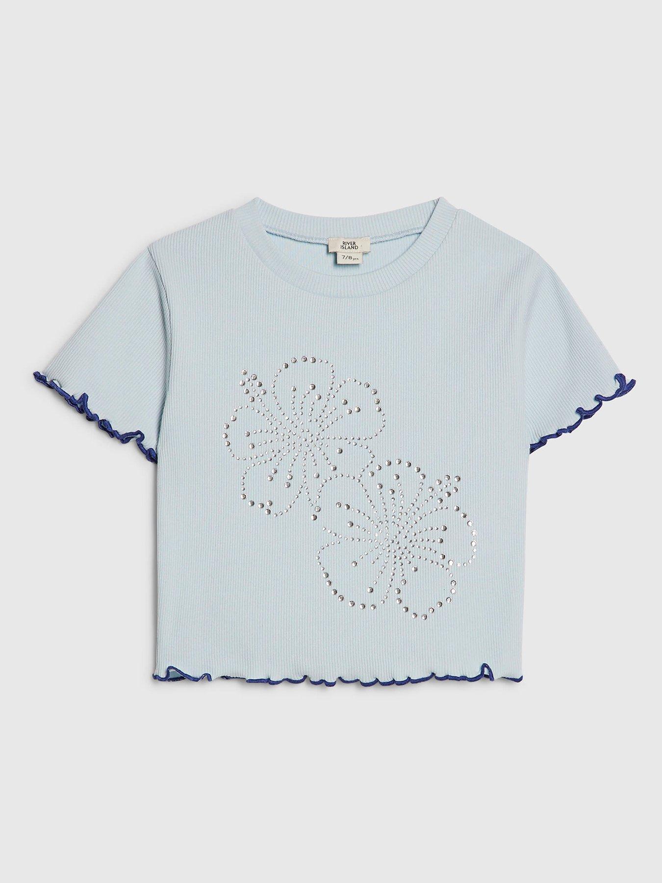 River Island Older Girls Hotfix Embellished Lettuce Hem T-Shirt - Light Blue