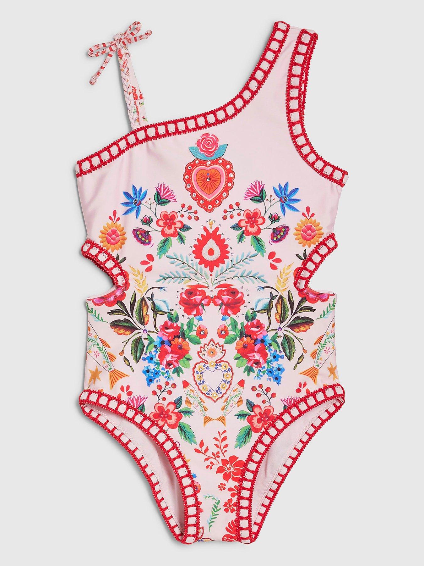 River Island Older Girls Mexicana Floral Print Swimsuit - Pink