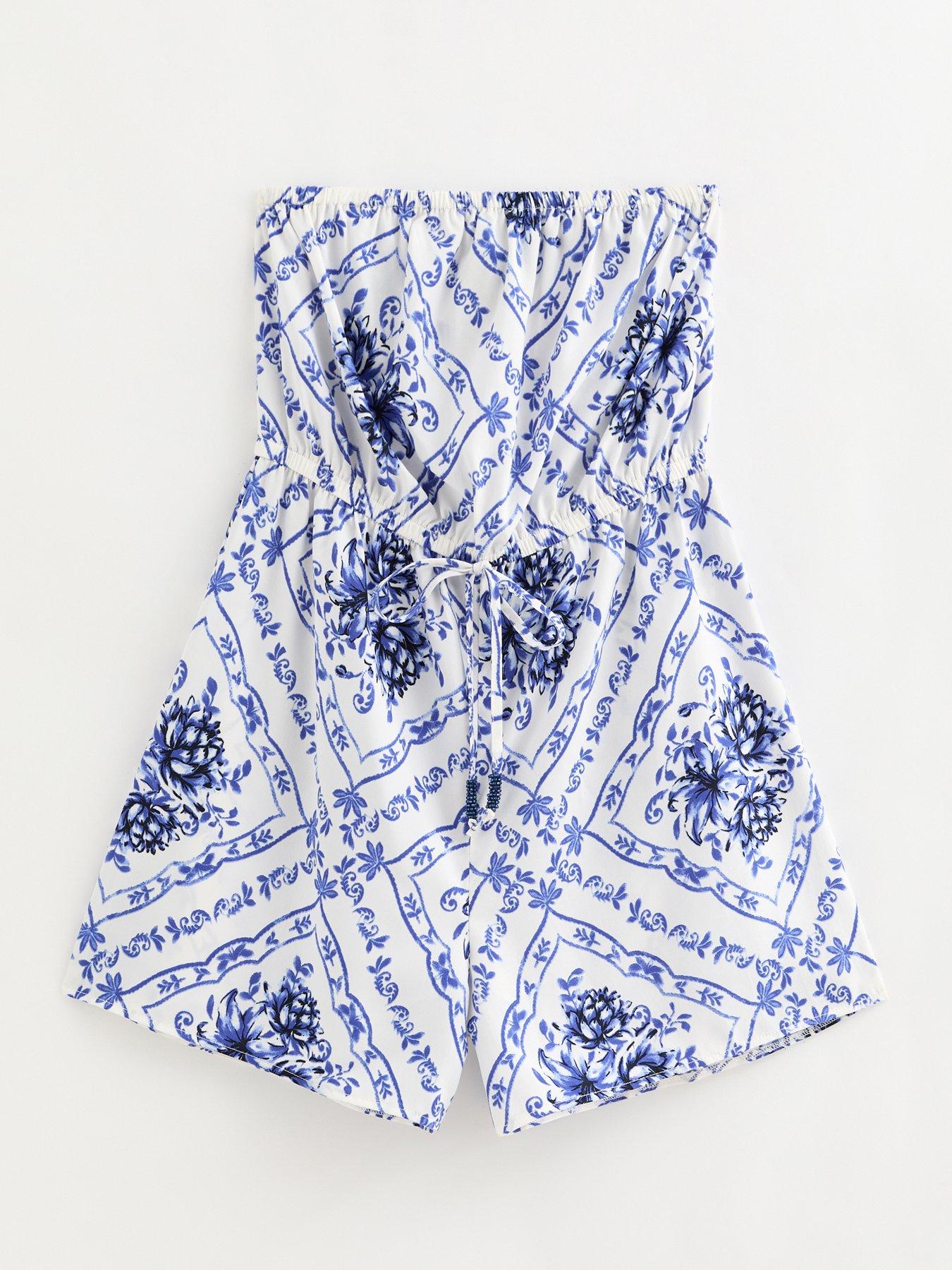 Image 5 of 6 of New Look Blue Tile Pattern Crepe Beach Playsuit