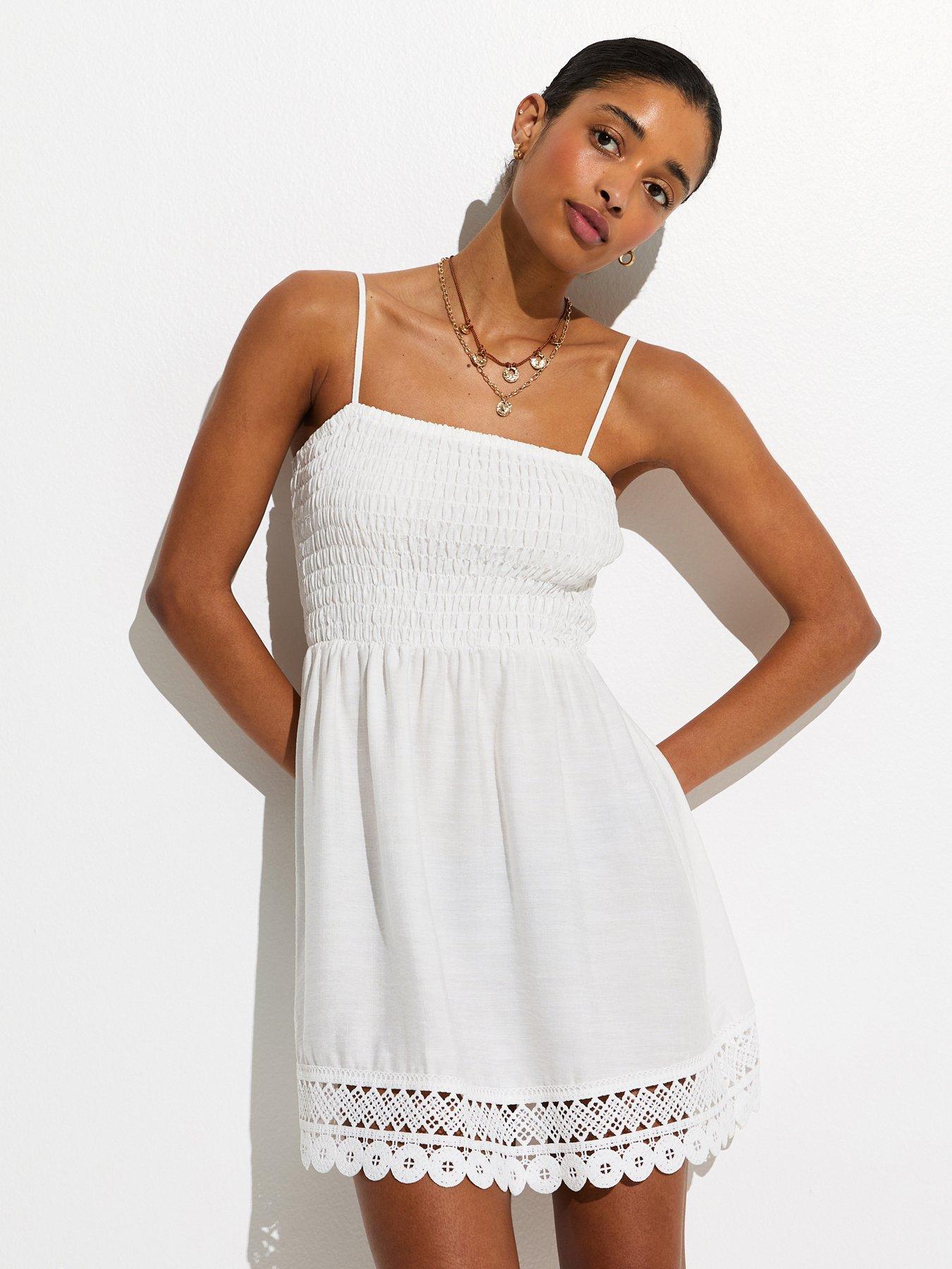 Image 3 of 5 of New Look Lace Trim Shirred Mini Dress - White