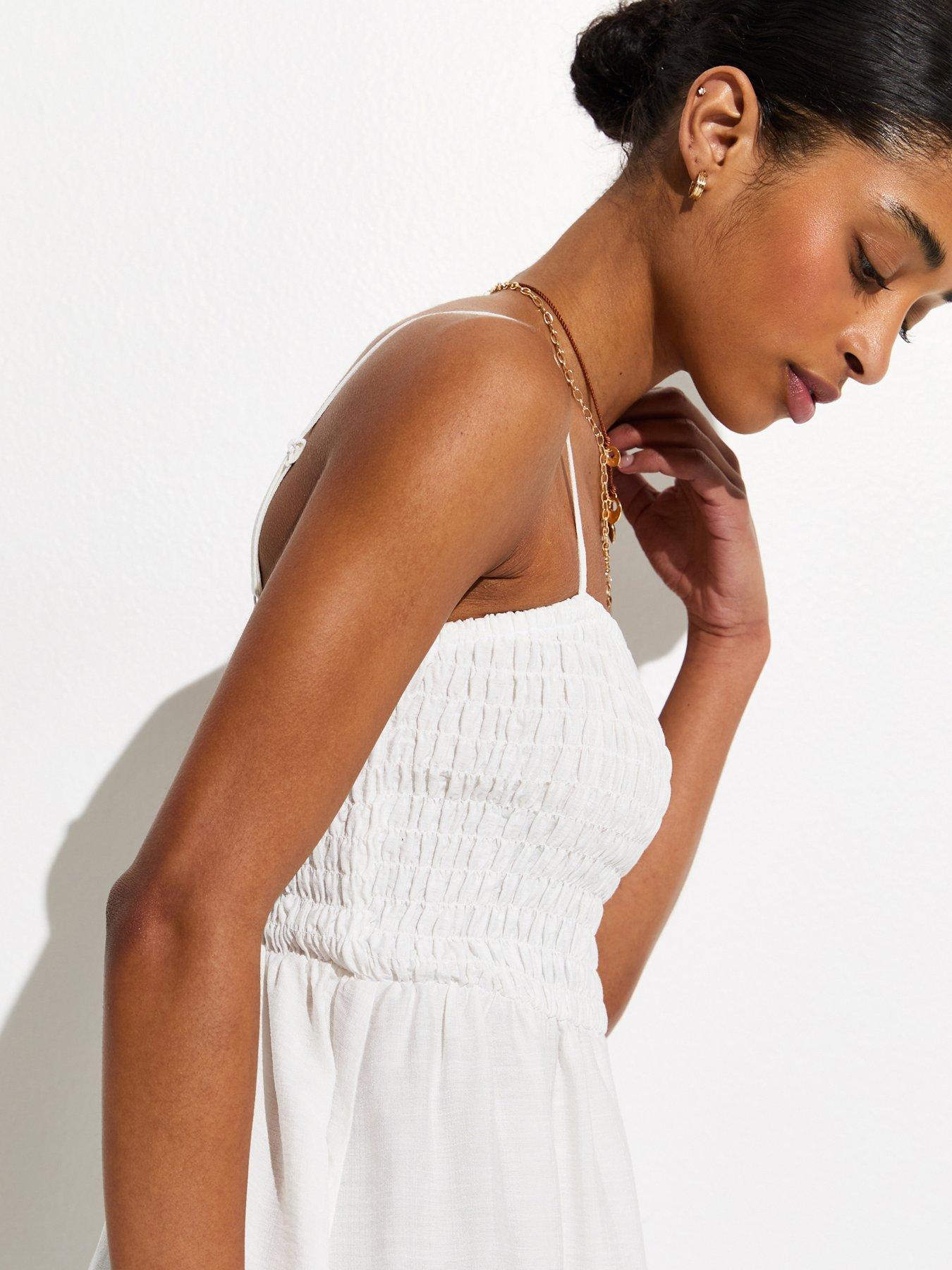 Image 4 of 5 of New Look Lace Trim Shirred Mini Dress - White