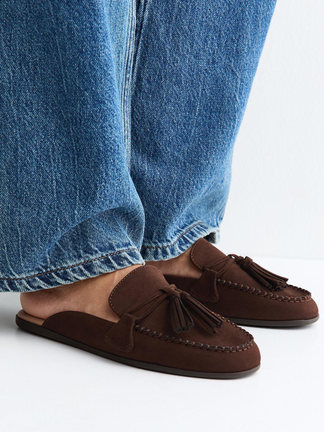 New Look Faux Suede Flat Tassel Loafer Mules - Brown