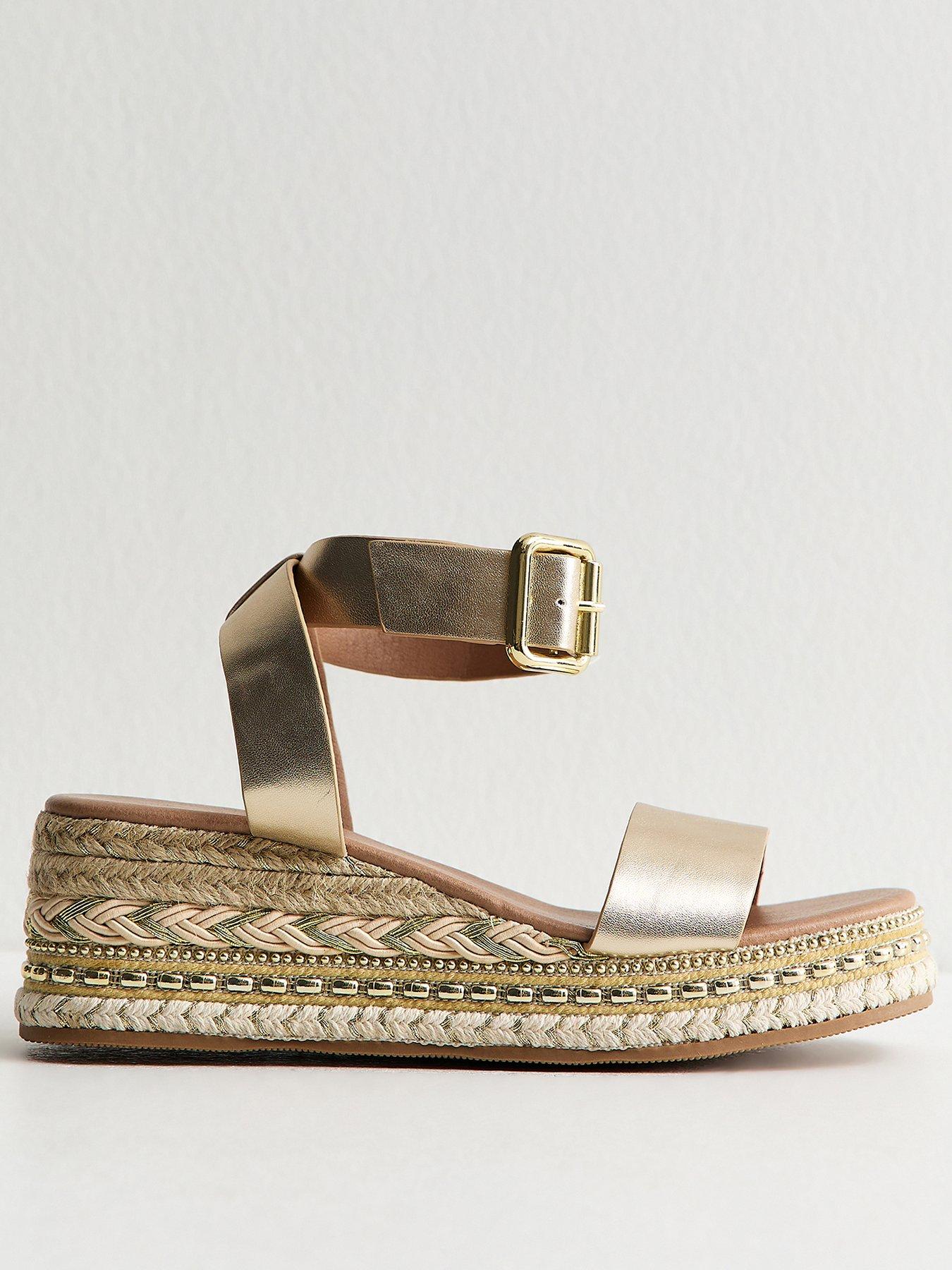 Image 2 of 5 of New Look Faux Leather Embroidered Wedge Sandals - Gold