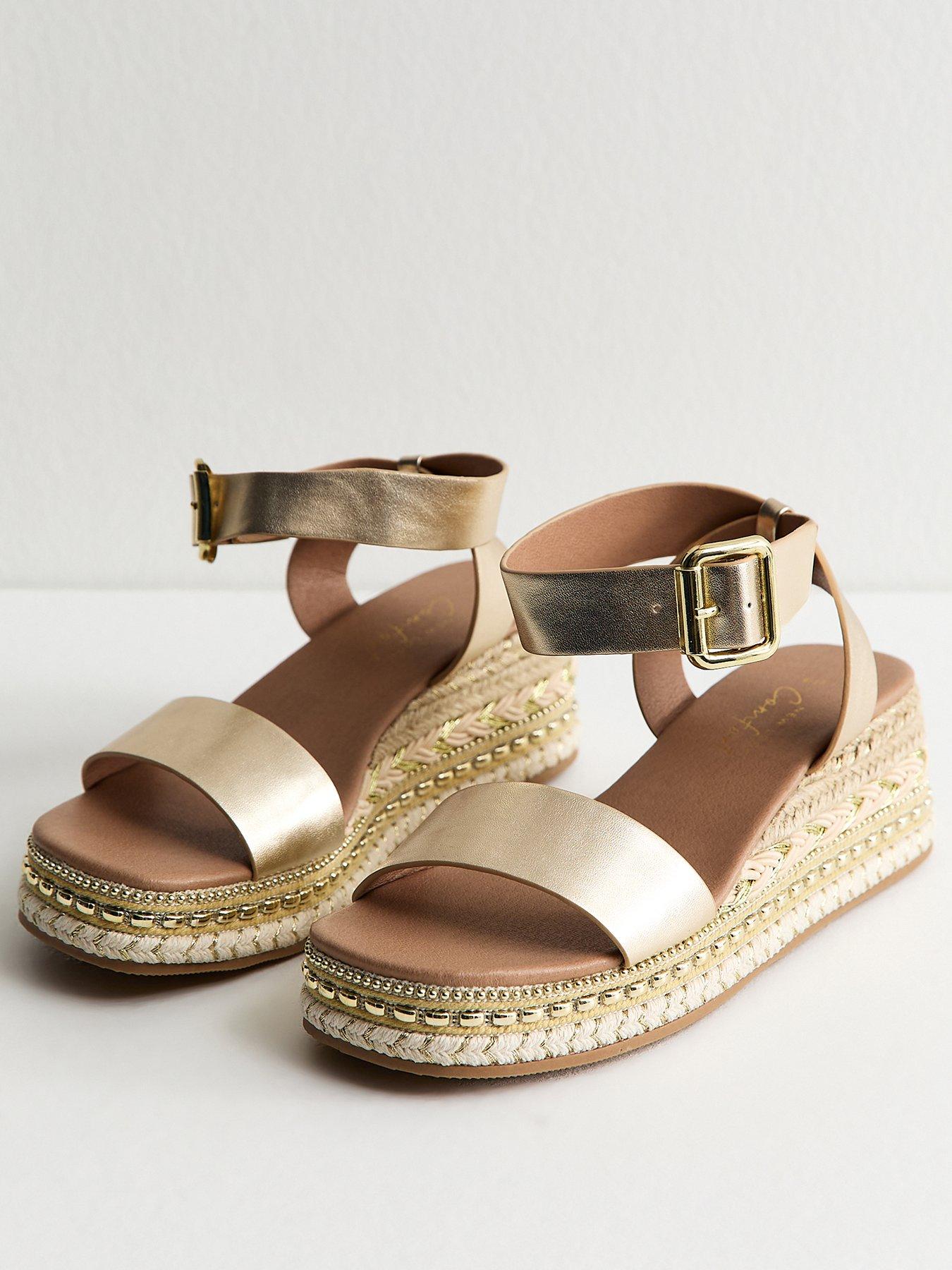 Image 3 of 5 of New Look Faux Leather Embroidered Wedge Sandals - Gold