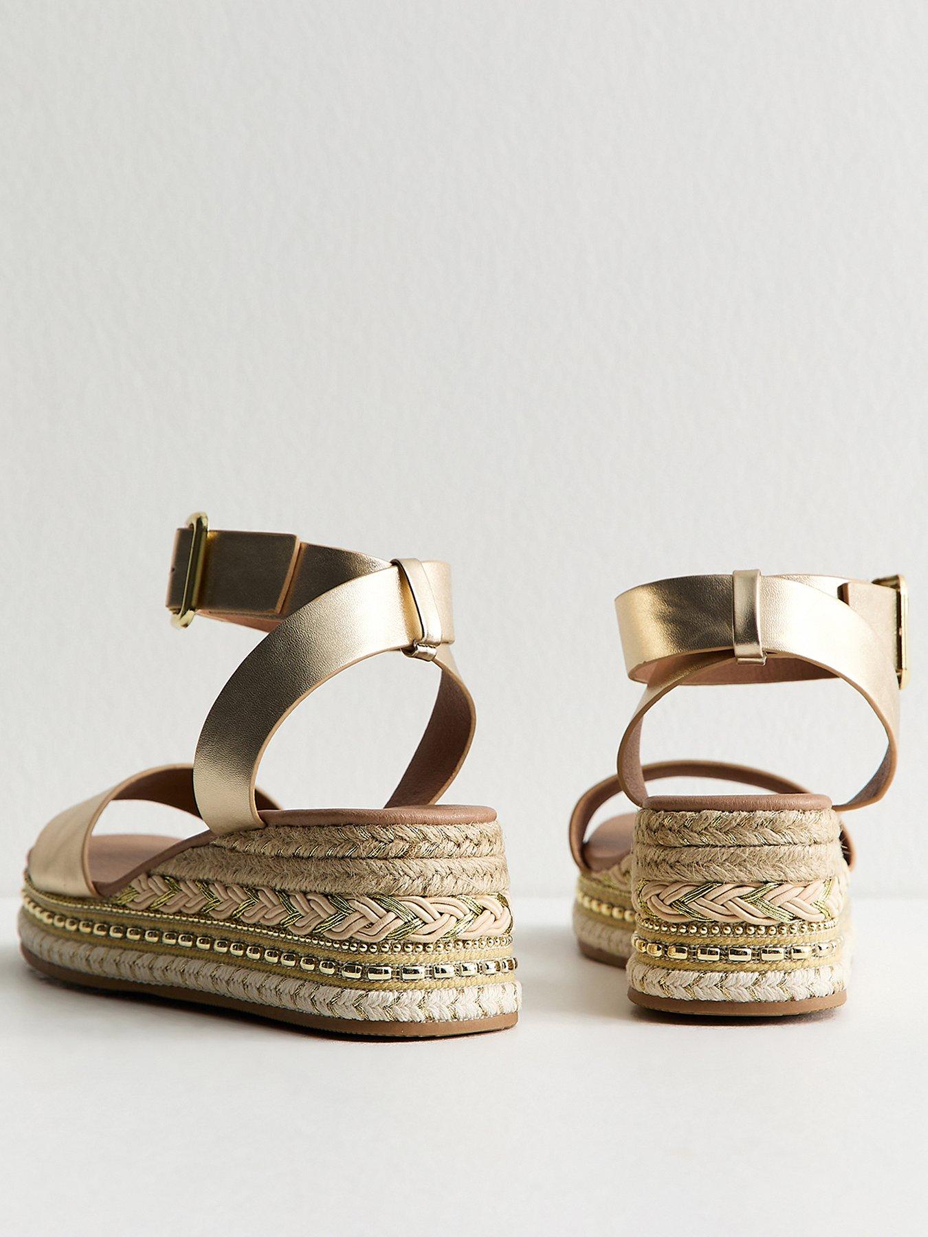 Image 4 of 5 of New Look Faux Leather Embroidered Wedge Sandals - Gold