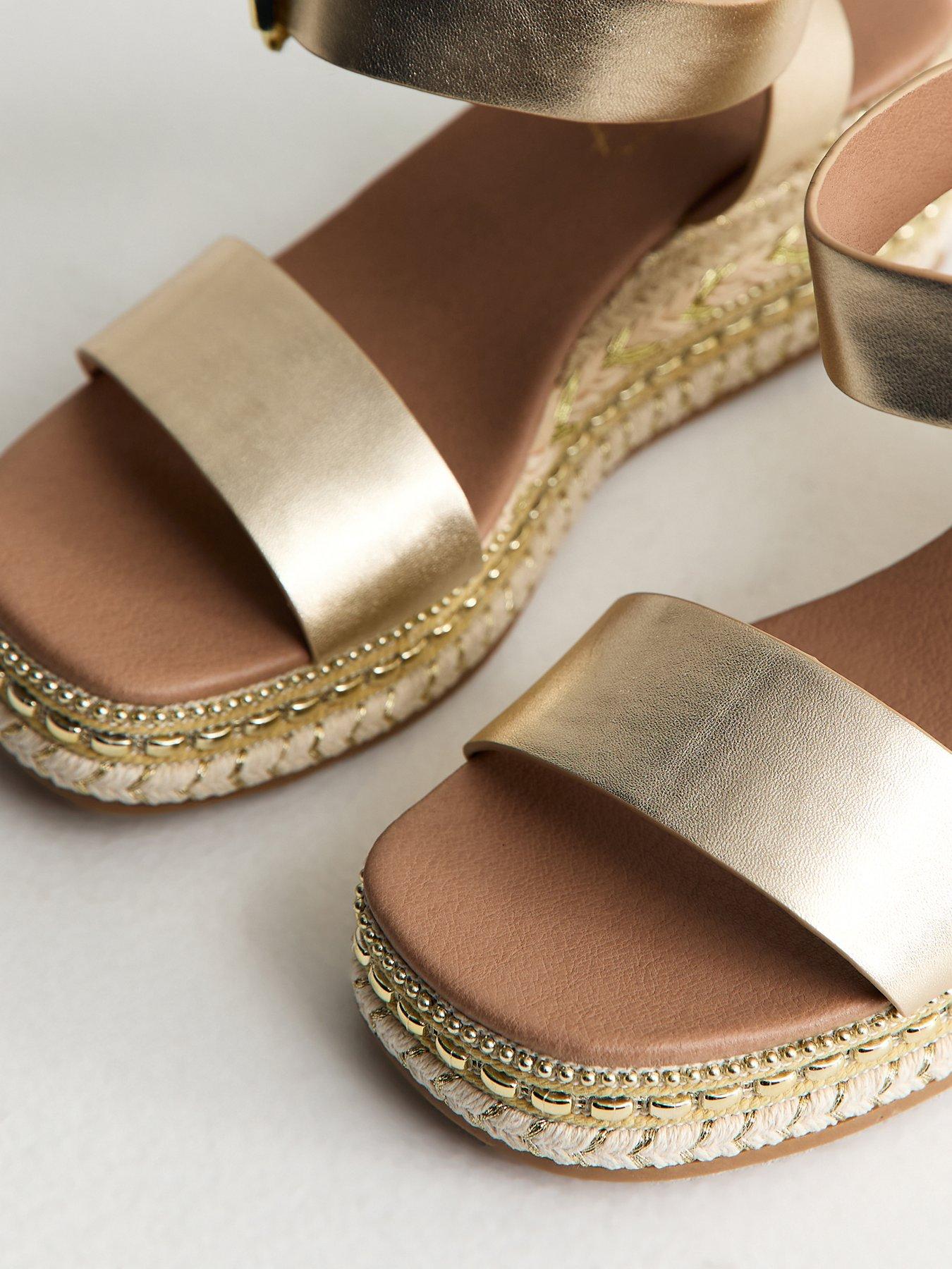 Image 5 of 5 of New Look Faux Leather Embroidered Wedge Sandals - Gold