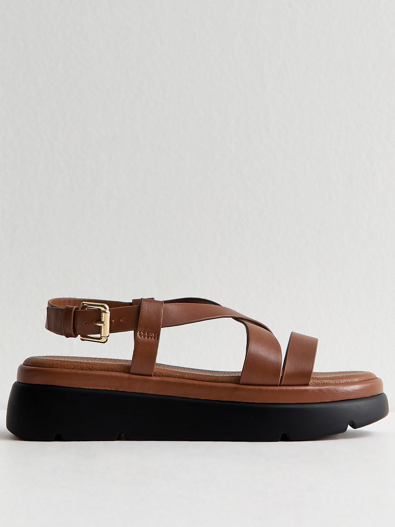 Image 2 of 5 of New Look Tan Faux Leather Crossover Strap Flatform Sandals