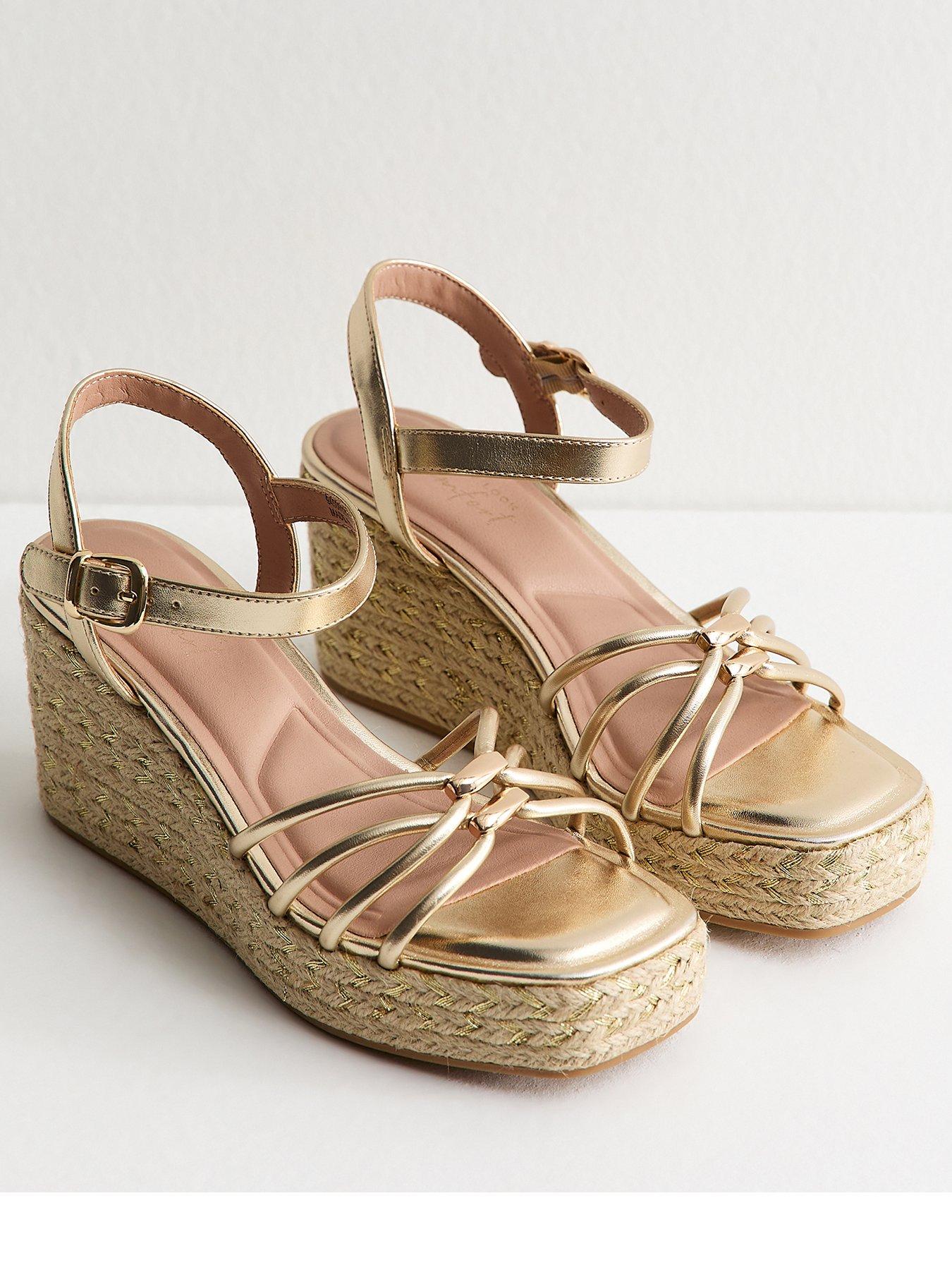 Image 3 of 5 of New Look Faux Leather Strappy Wedges - Gold