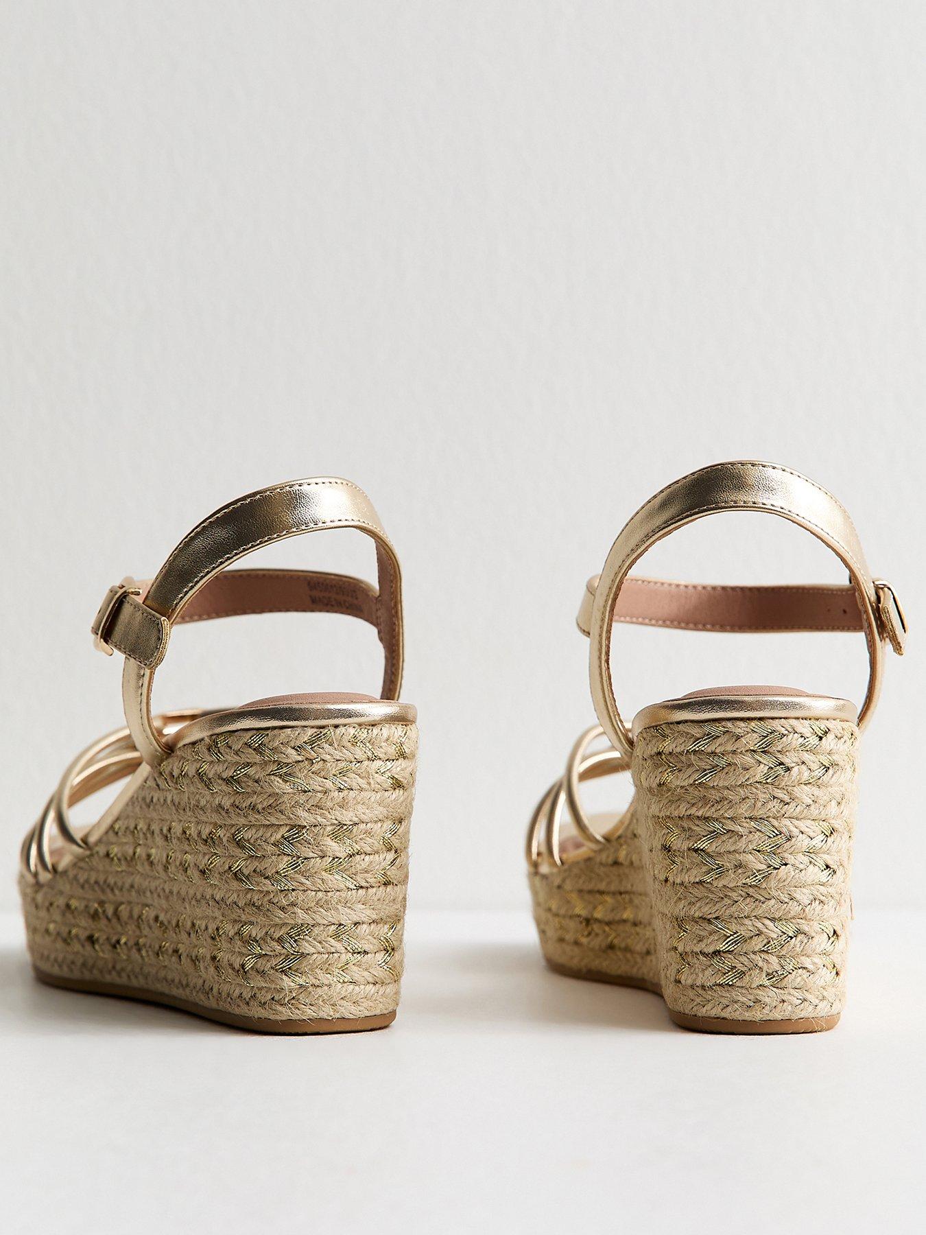 Image 4 of 5 of New Look Faux Leather Strappy Wedges - Gold