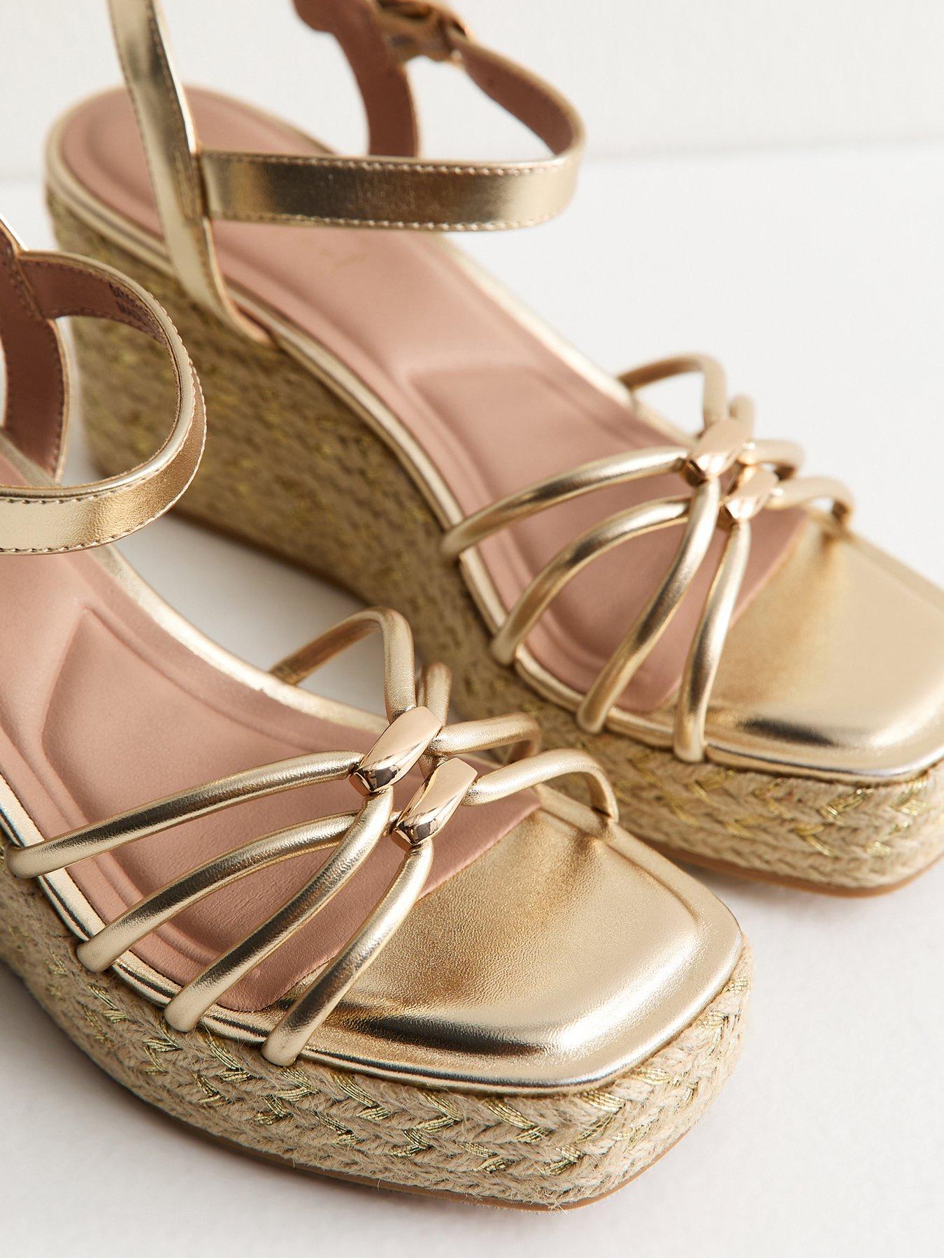 Image 5 of 5 of New Look Faux Leather Strappy Wedges - Gold