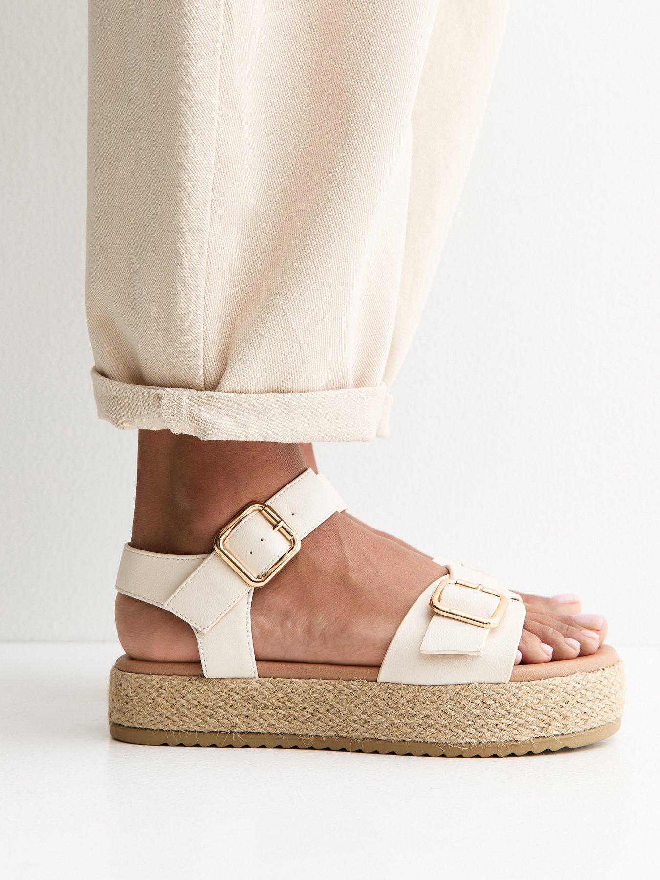 Image 1 of 5 of New Look Wide Fit&nbsp;Faux Leather Buckled Strap Flatform Sandals - &nbsp;White&nbsp;