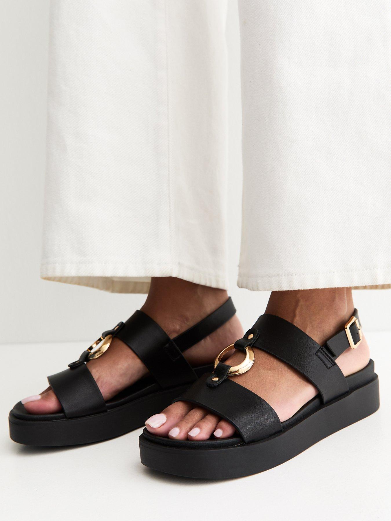 New Look Black Faux Leather Hardware Detail Flatform Sandals