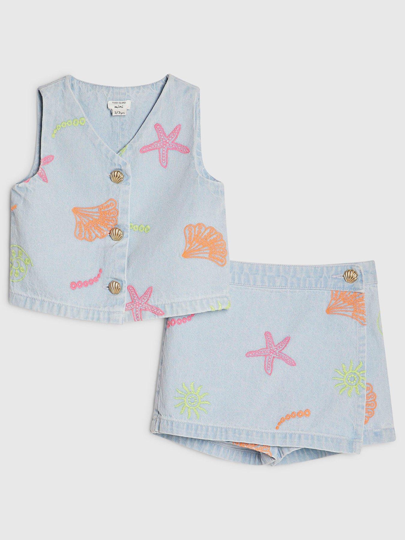 River Island Mini Girls Denim Starfish Waistcoat Set - Blue