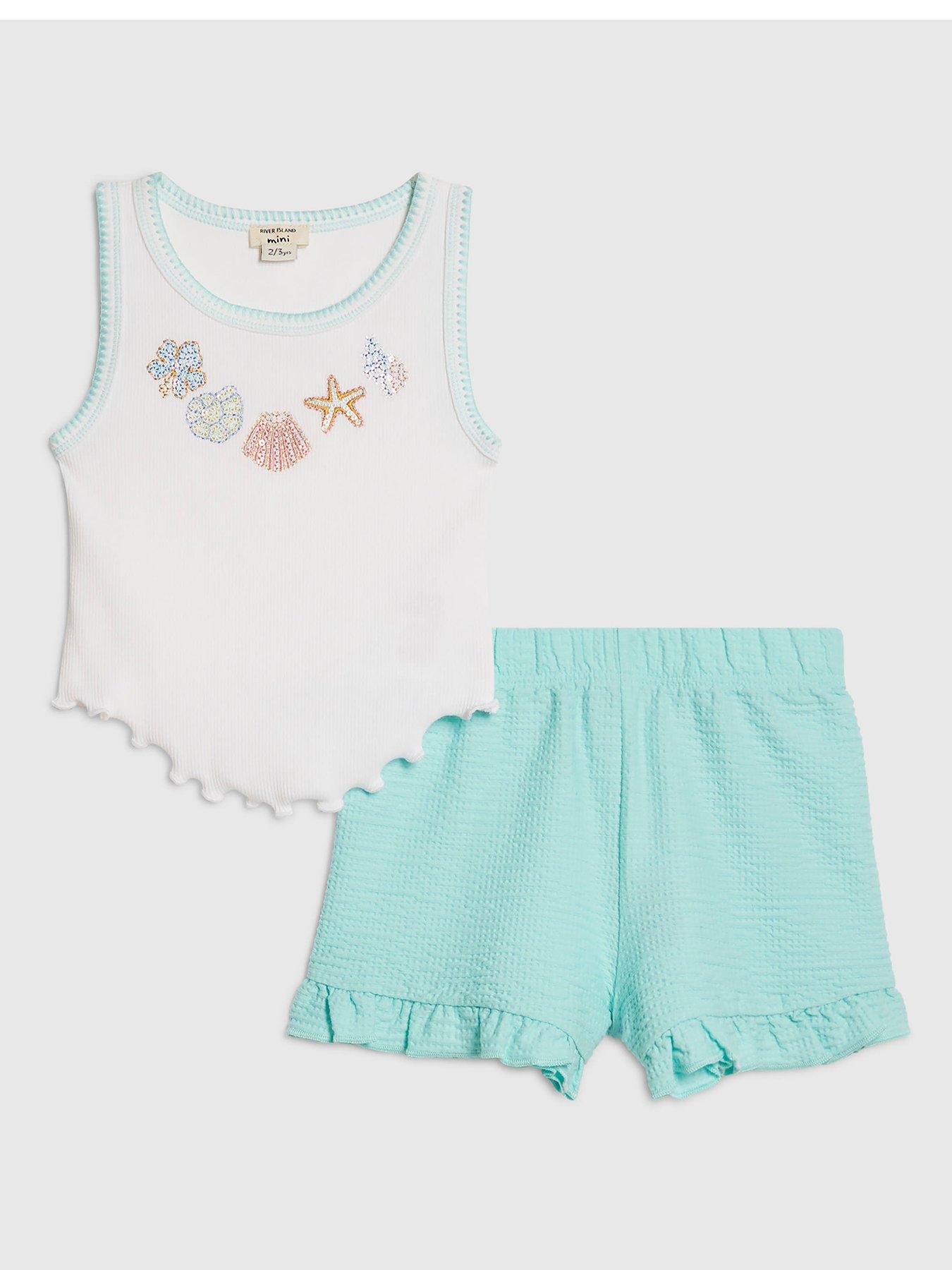 Image 1 of 5 of River Island Mini Girls Embellished Shell Vest Set - Green