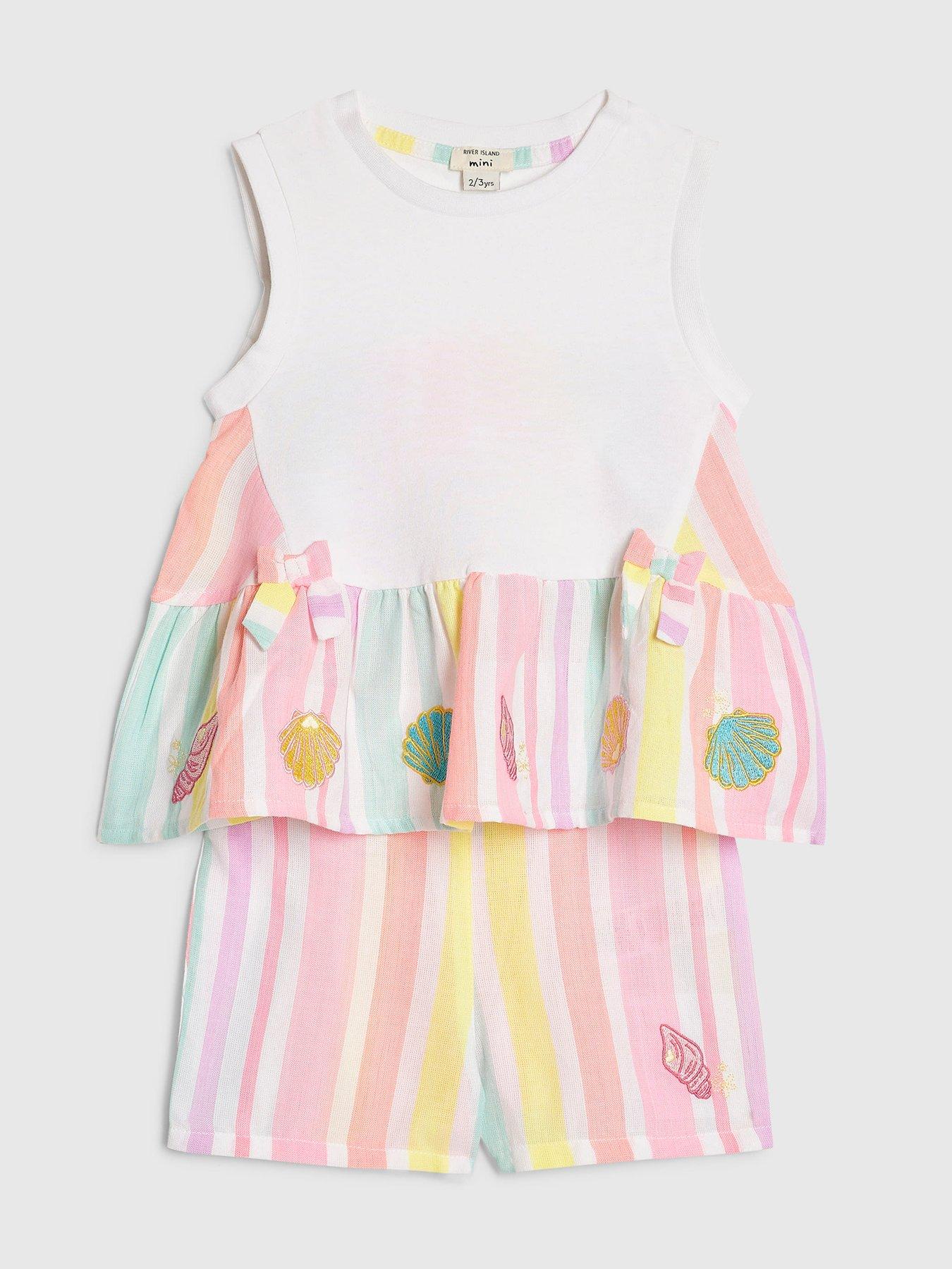 Image 3 of 5 of River Island Mini Girls Stripe Shell Top And Shorts Set - White