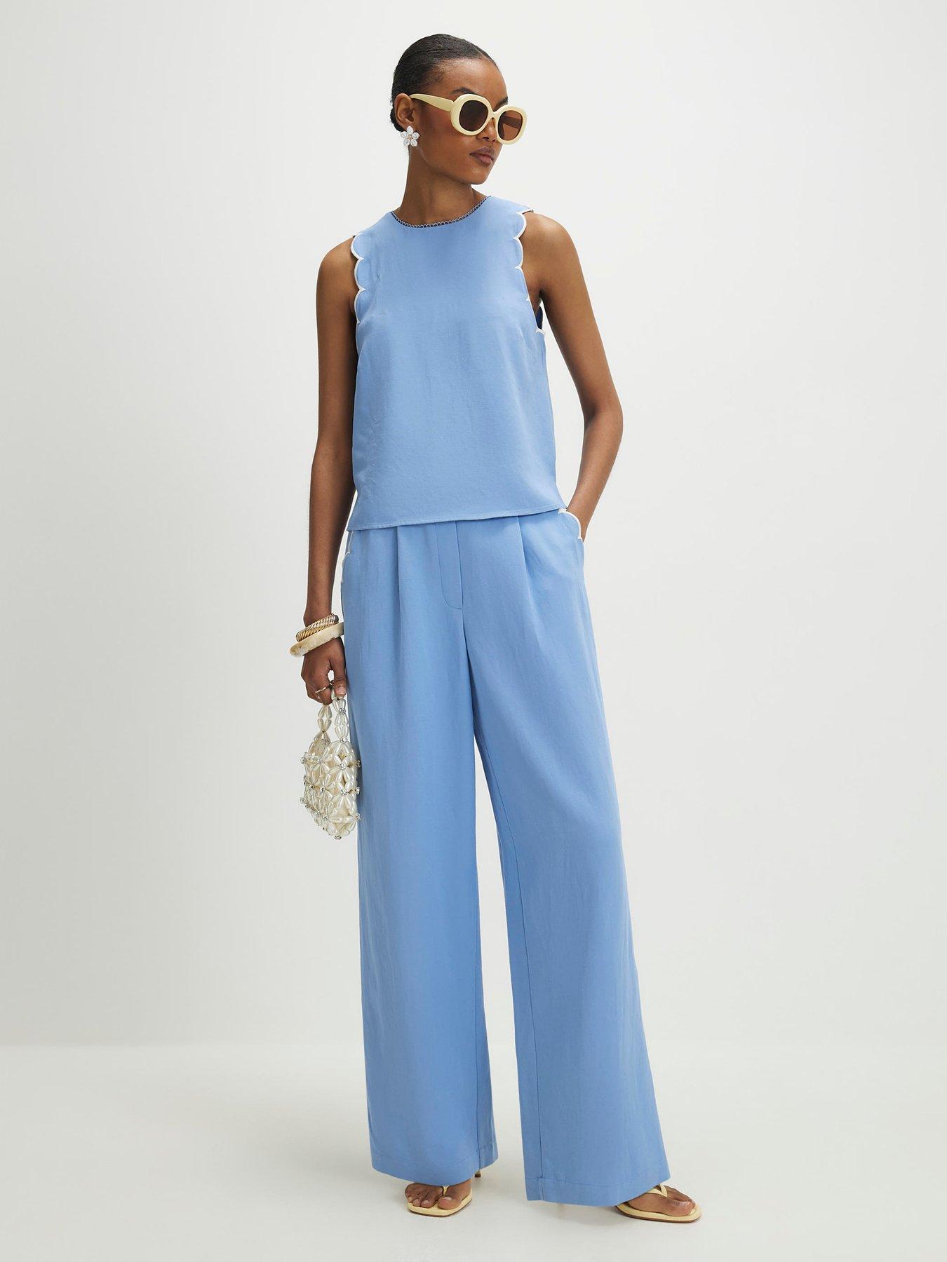 River Island Scallop Trim Wide Leg Trouser - Blue
