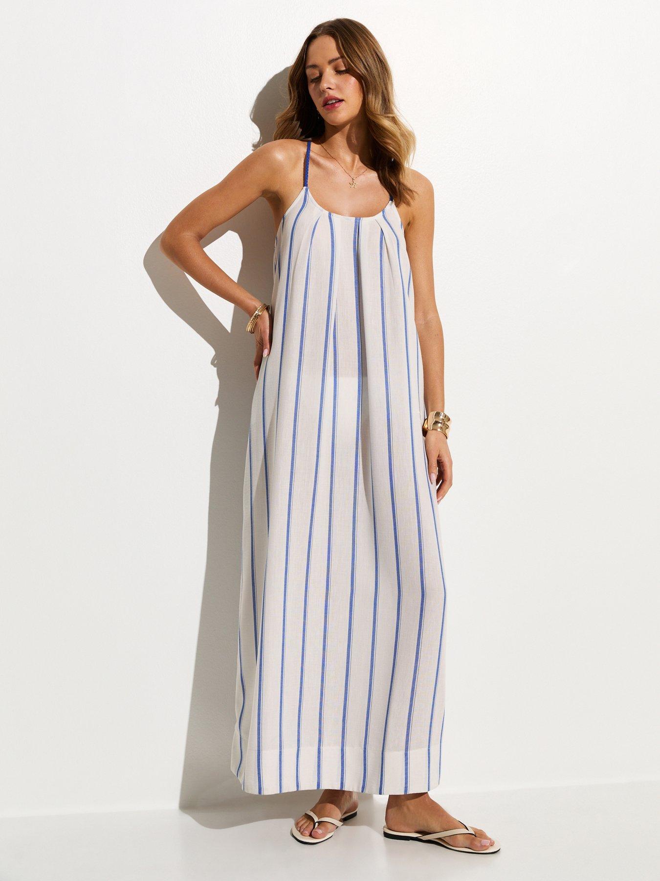 New Look Striped Tie Back Beach Maxi Dress - Blue