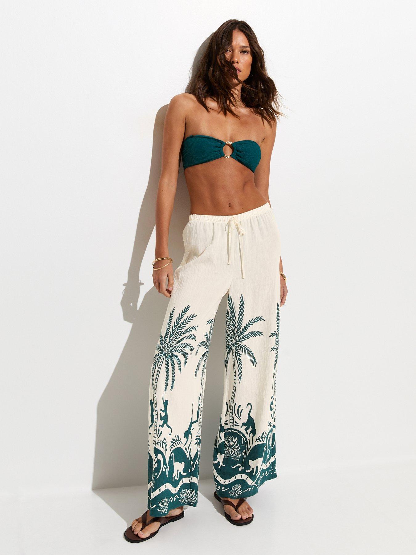Image 3 of 5 of New Look Teal Palm Pattern Beach Wide Leg Trouser - Green
