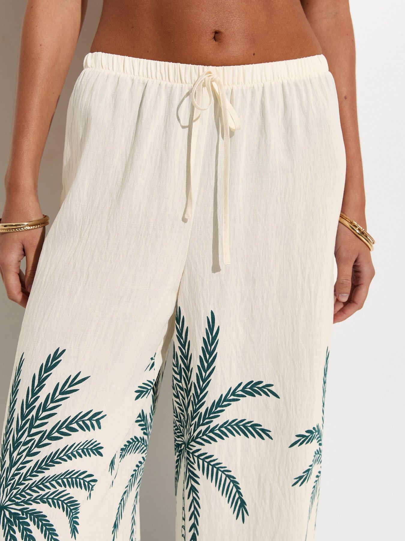 Image 4 of 5 of New Look Teal Palm Pattern Beach Wide Leg Trouser - Green