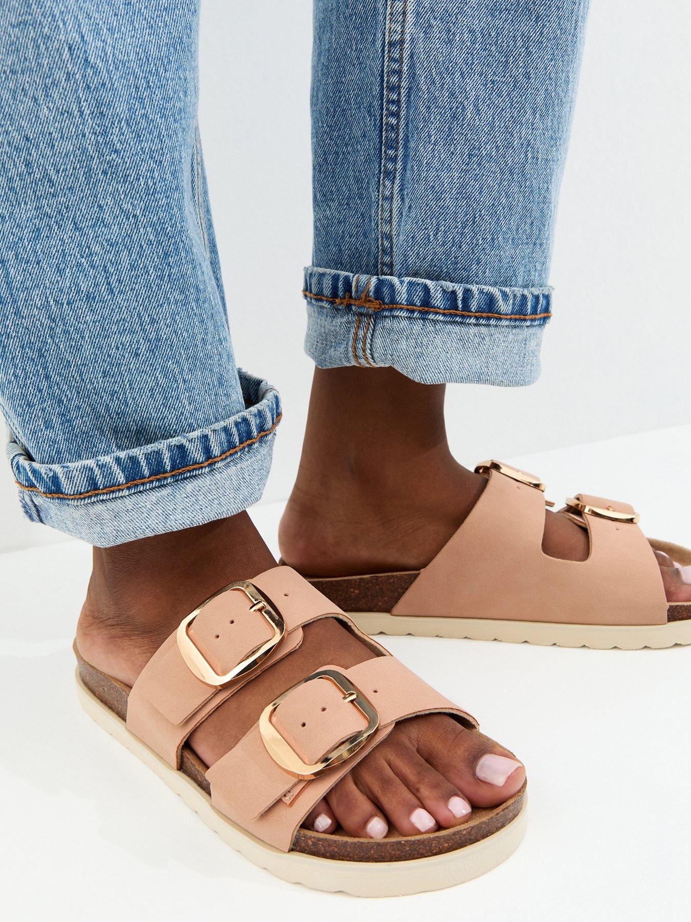Image 1 of 5 of New Look Light Pink Cork Sole Double Strap Mule Sandals