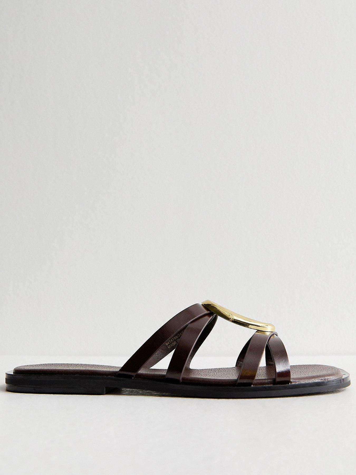 Image 2 of 5 of New Look Gold Abstract Buckle Mule Sandals - Brown