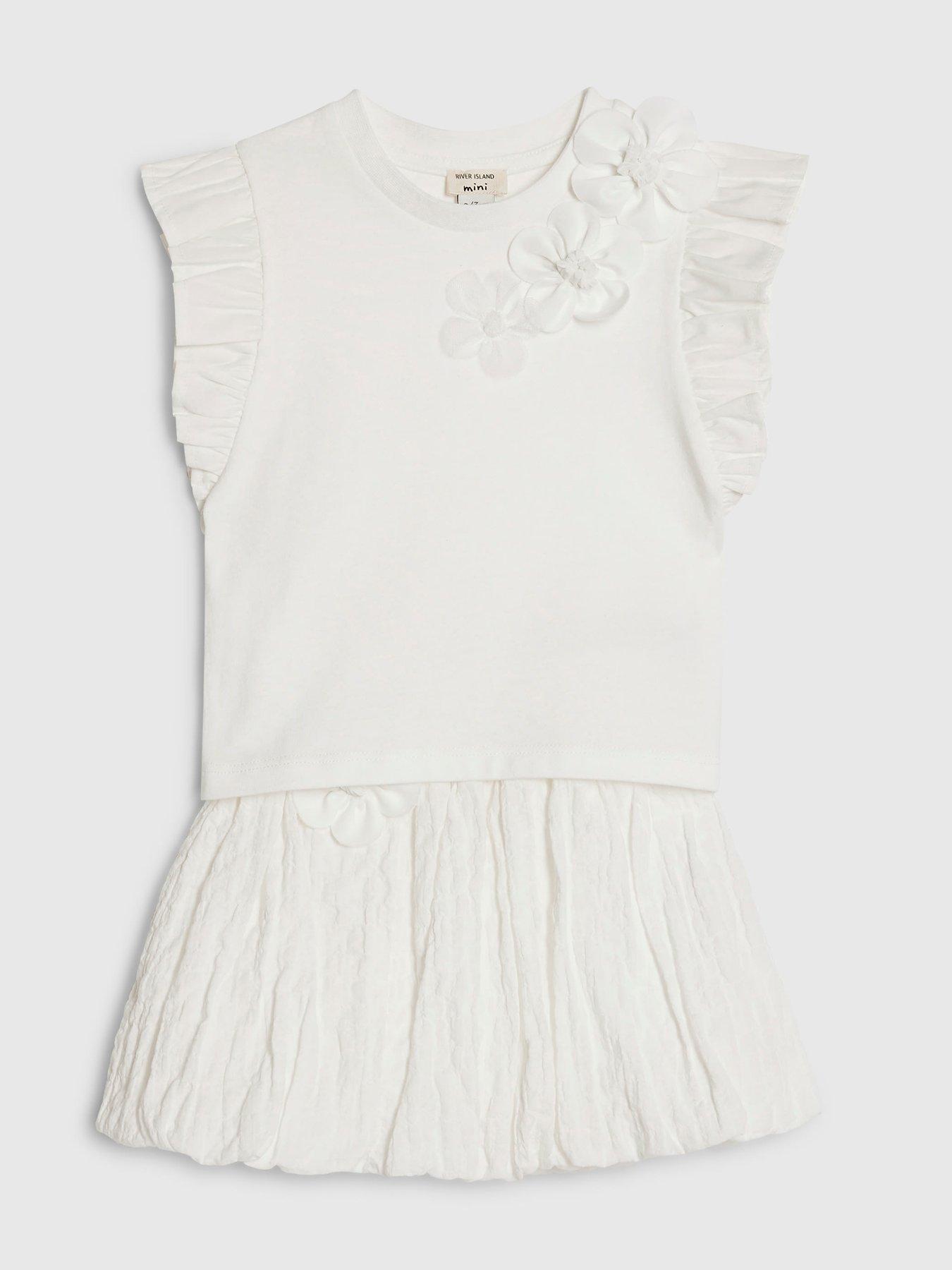 Image 3 of 5 of River Island Mini Girls Frill Sleeve T-Shirt Flower Set - White