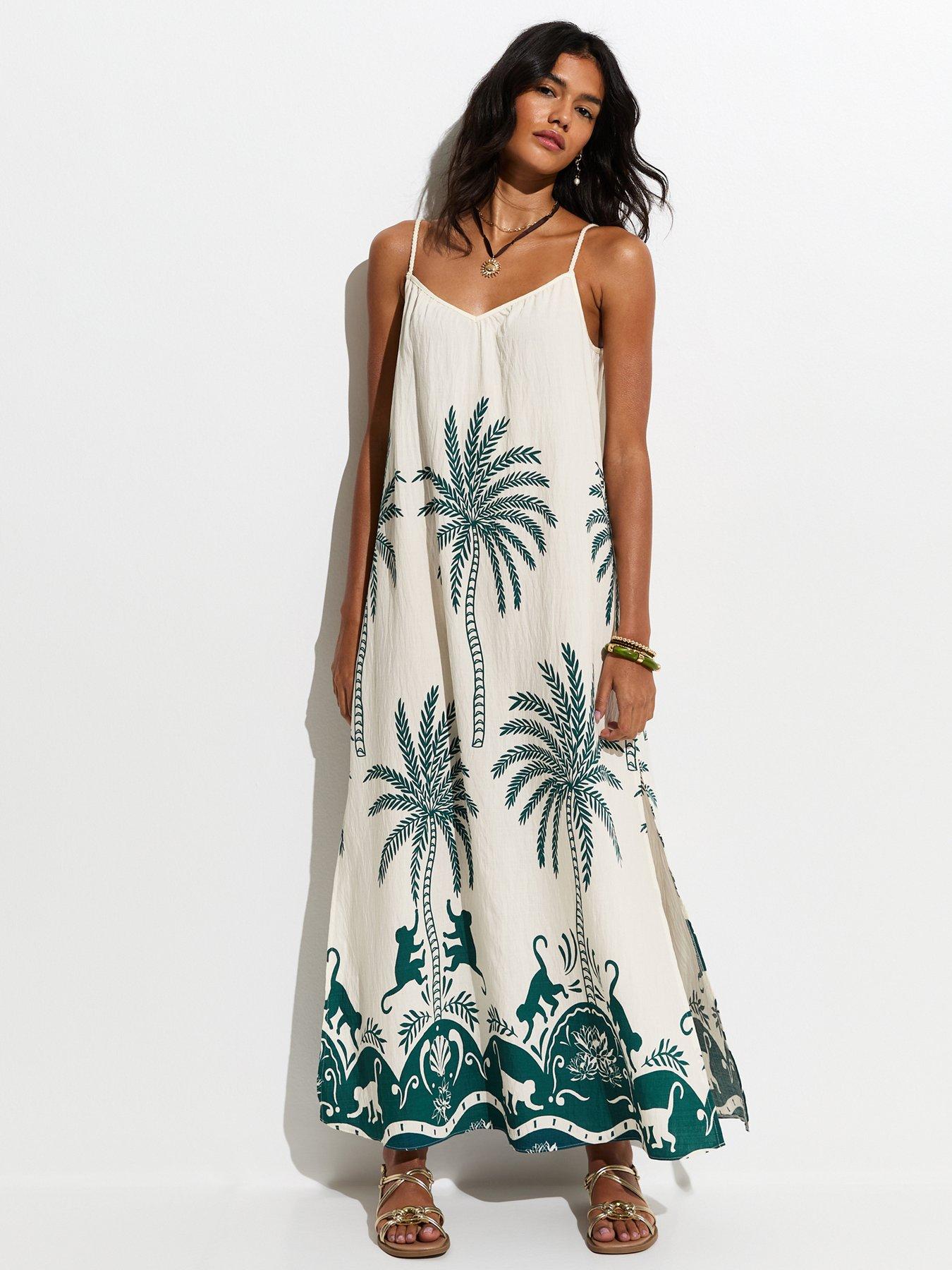 Image 1 of 5 of New Look Woven Palm Pattern Beach Maxi Dress - Green